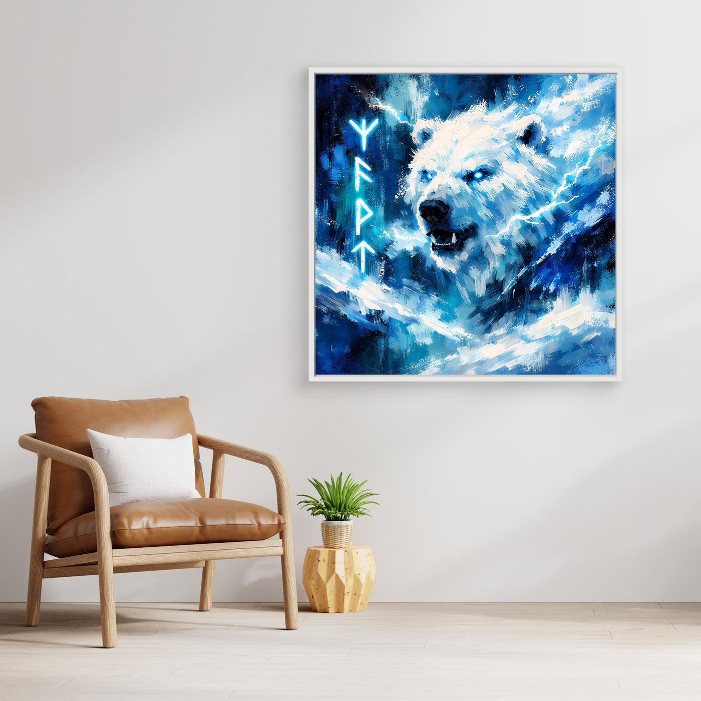 Leinwand-Wandbild im hellen Rahmen: Eisbär mit Runen, blaues Nordlicht