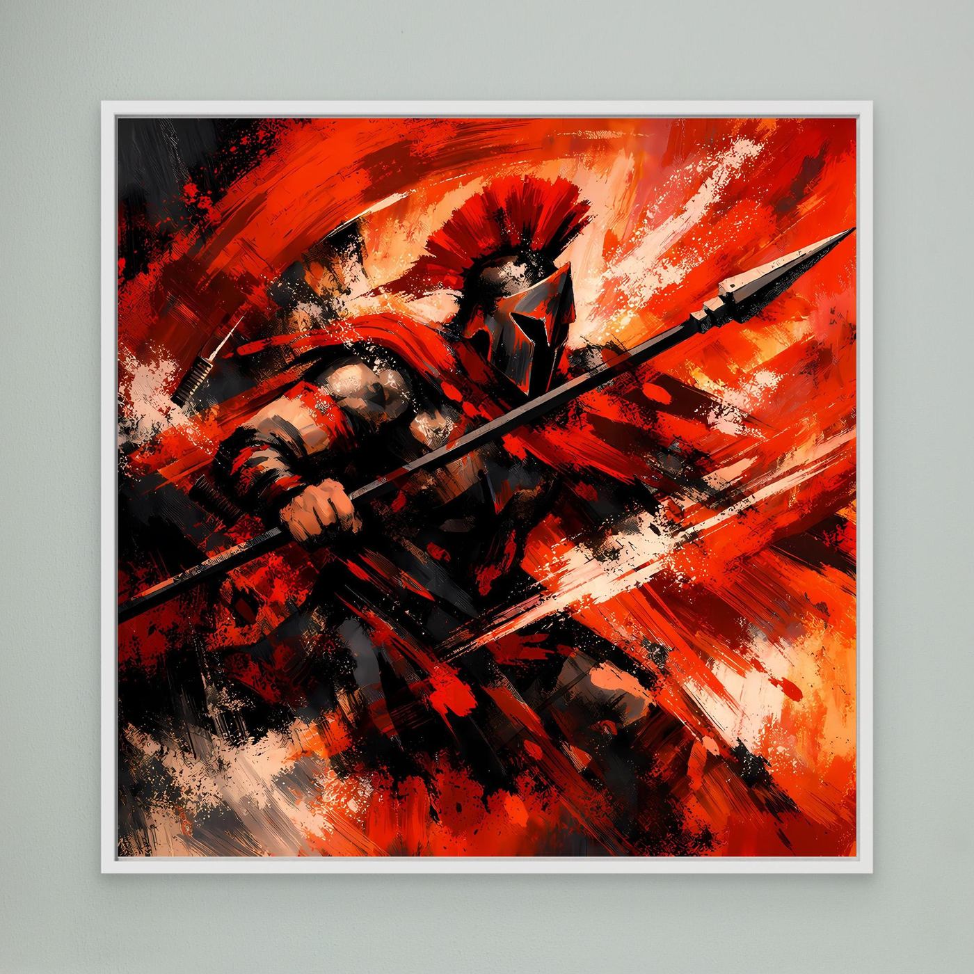 Gerahmtes Leinwandbild: Spartaner-Krieger in Rot/Orange mit Speer, weißer Rahmen