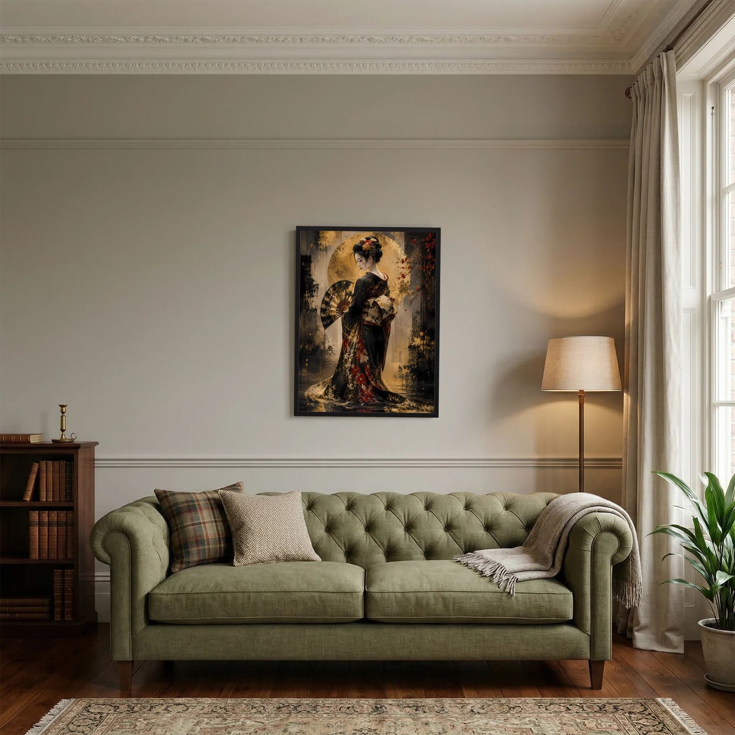Hochformat-Poster mit Geisha im Kimono in Schwarz und Gold, zentriert mit Fächer