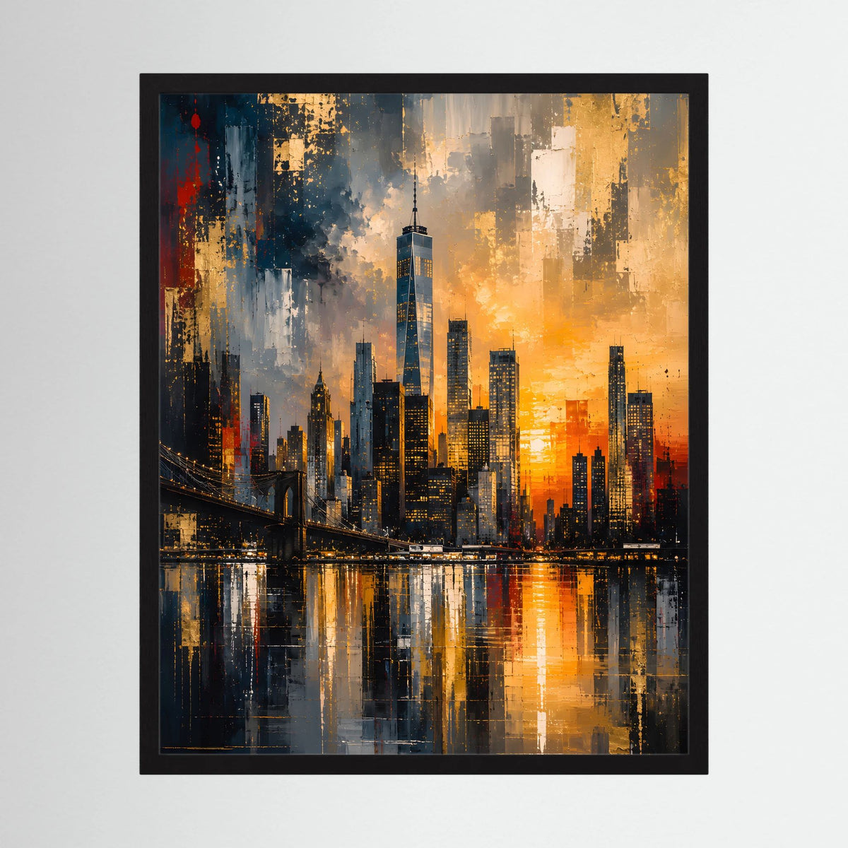 Poster im schwarzen Rahmen mit abstrakter Skyline in Gold und Schwarz, mit Spiegelung