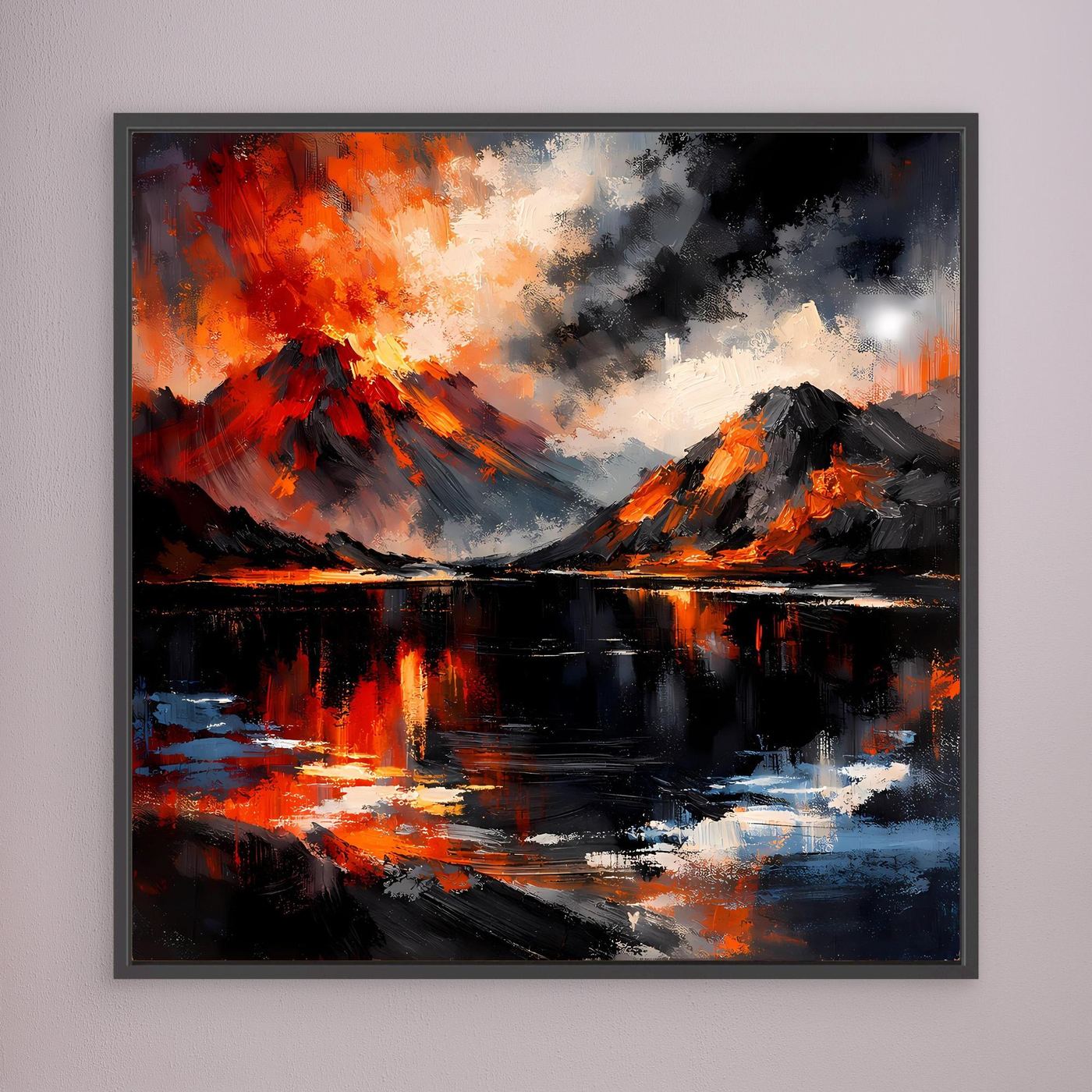Wandbild mit abstrakter Vulkanlandschaft, Lavaausbruch über See und Berge, dunkel gerahmt