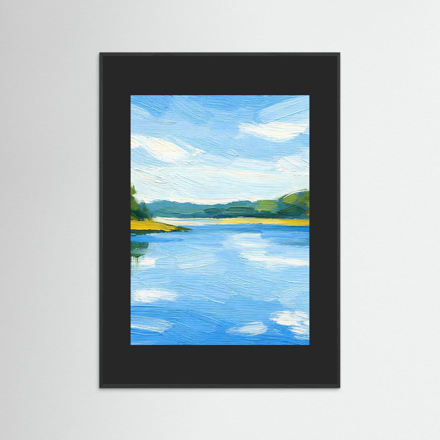 Poster mit blauer Flusslandschaft im Sommer, dunkler Rahmen