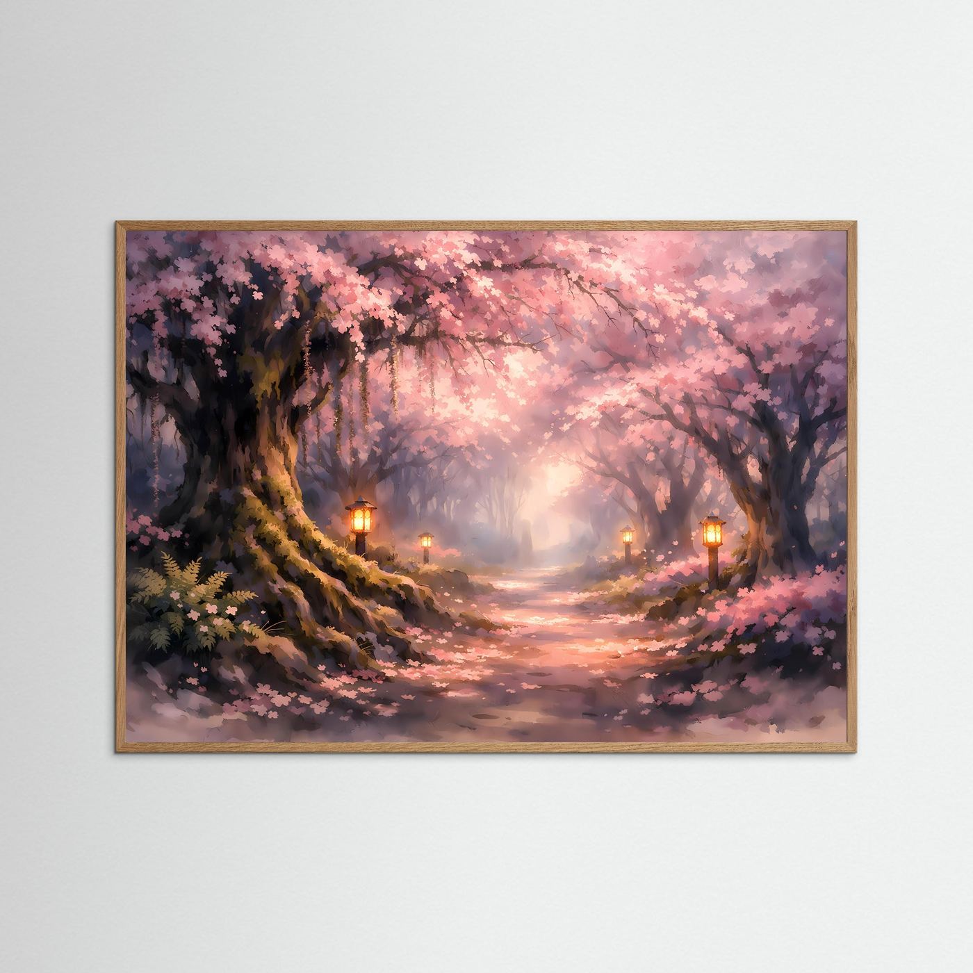 Märchenhafter Kirschblütenweg | Rosa Kirschblüte & Lanternen Poster Querformat