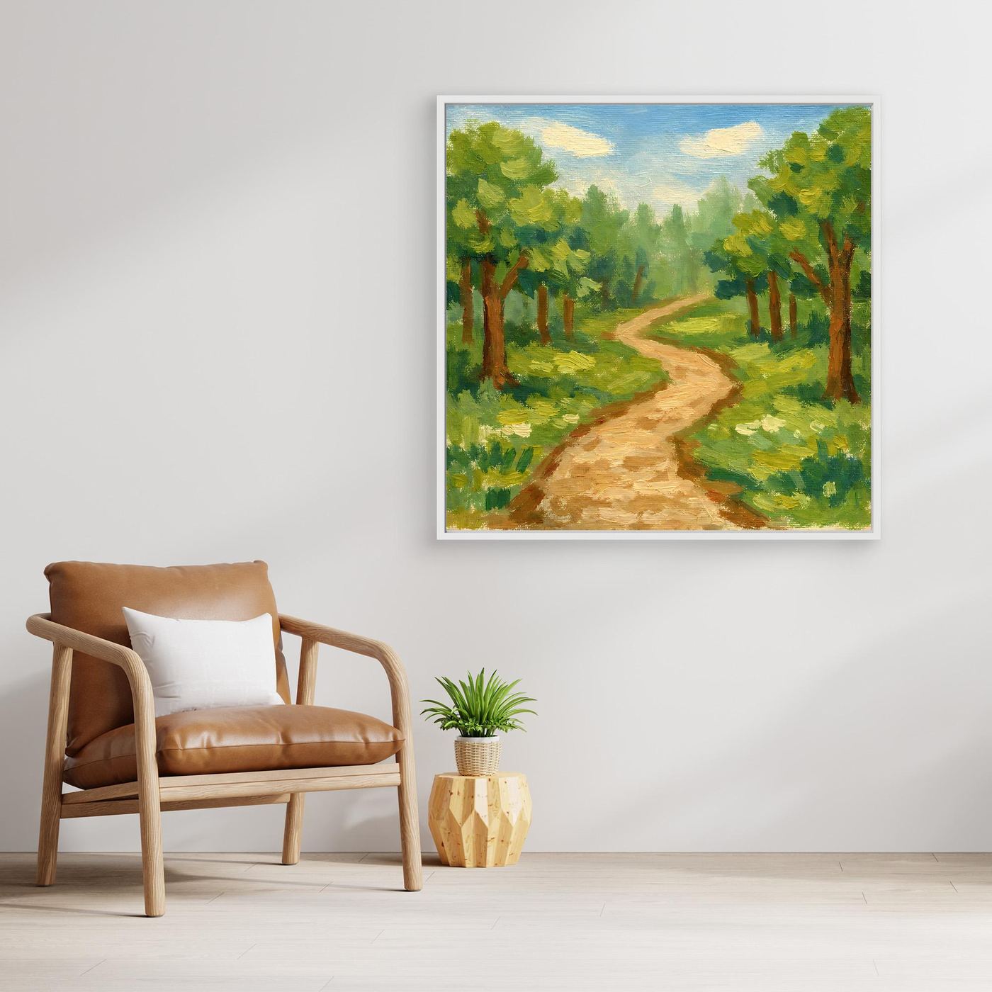 Leinwandbild mit impressionistischem Waldweg im Grünen, weißer Rahmen