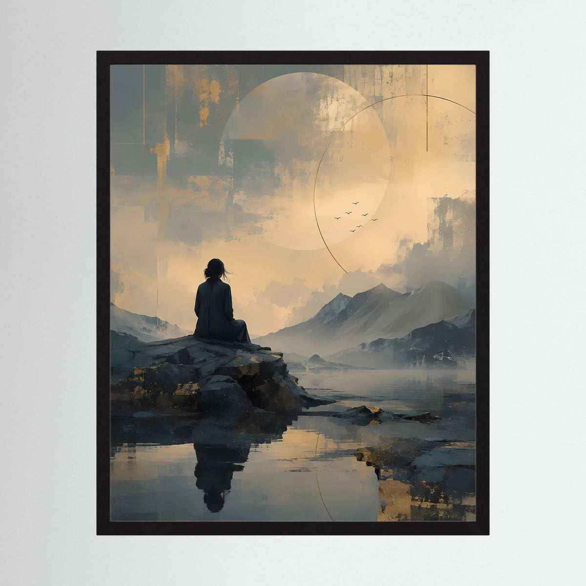 Meditationsposter im schwarzen Rahmen, sitzende Person auf Fels am See, goldgrau