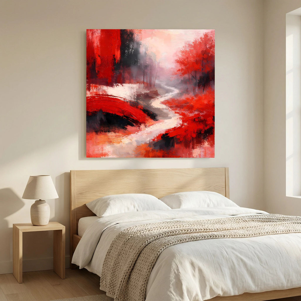 Rot-graues Leinwand-Wandbild mit Brückenbogen über Wasser, weiße Lichtspur