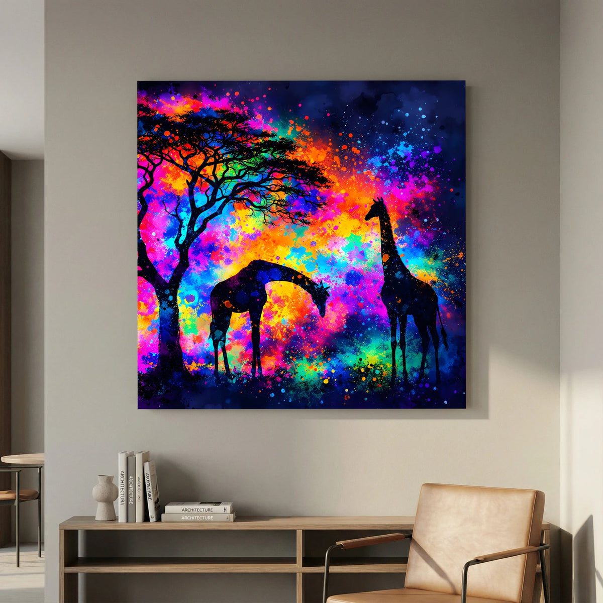 Leinwandbild auf Keilrahmen: abstrakte Giraffen- und Elefanten-Silhouetten vor farbiger Himmel-Optik