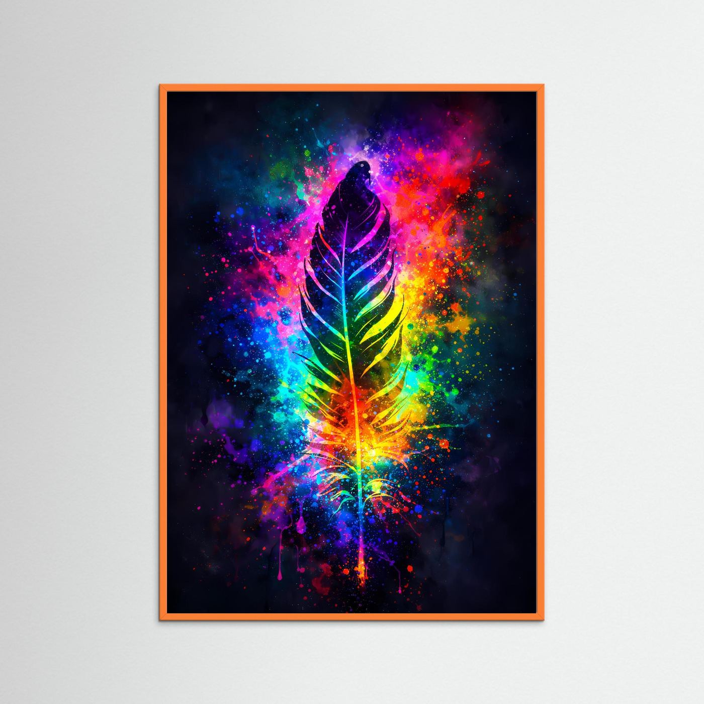 Wandbild mit Regenbogen-Feder im Kosmos, orangefarbener Holzrahmen
