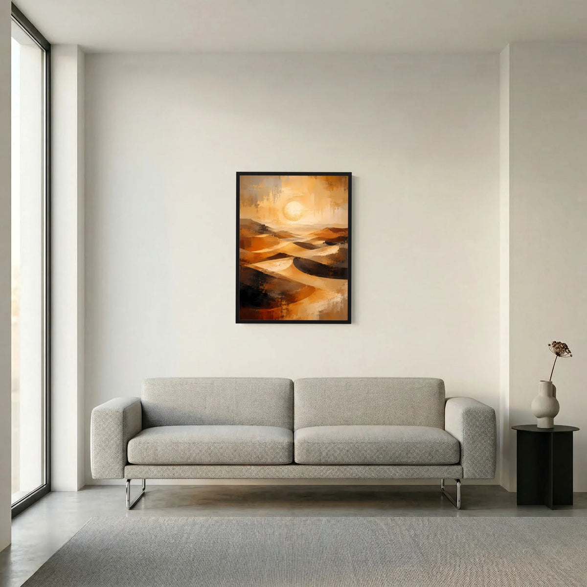 Gerahmtes Hochformat-Poster mit abstrakten Dünen in Gold, Orange und dunklen Akzenten