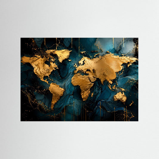 Weltkartenposter in Gold und Tiefblau mit Kontinenten und abstrakter Textur