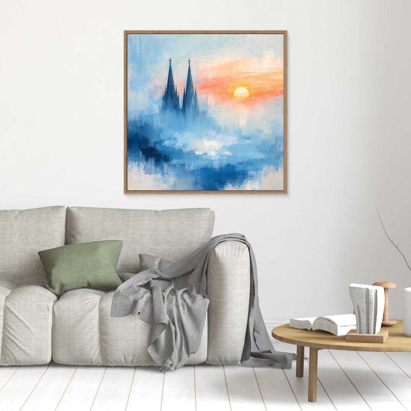 Kölner Dom Silhouette in Nebelblau | Moderne Abstrakte Leinwand mit Sonnenaufgang