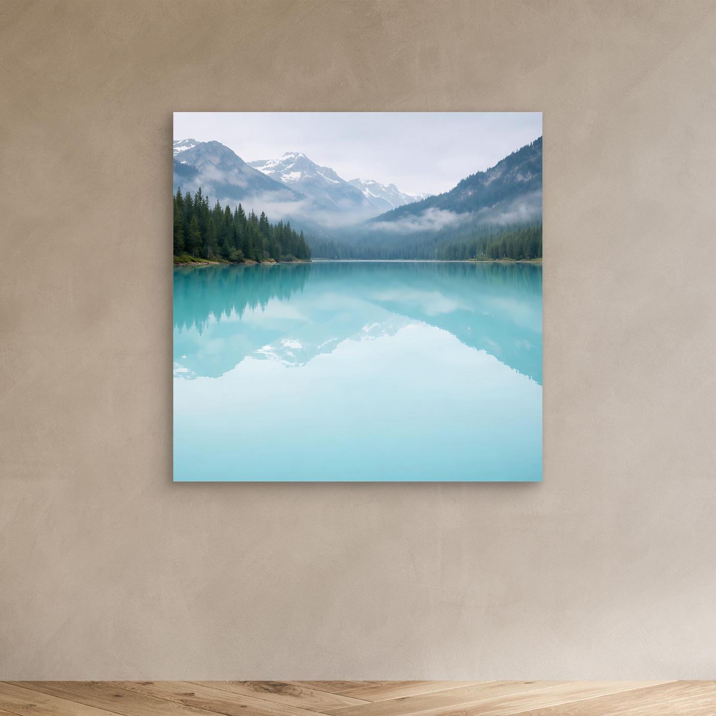 Quadratisches Leinwandbild mit türkisfarbenem Bergsee und Spiegelung