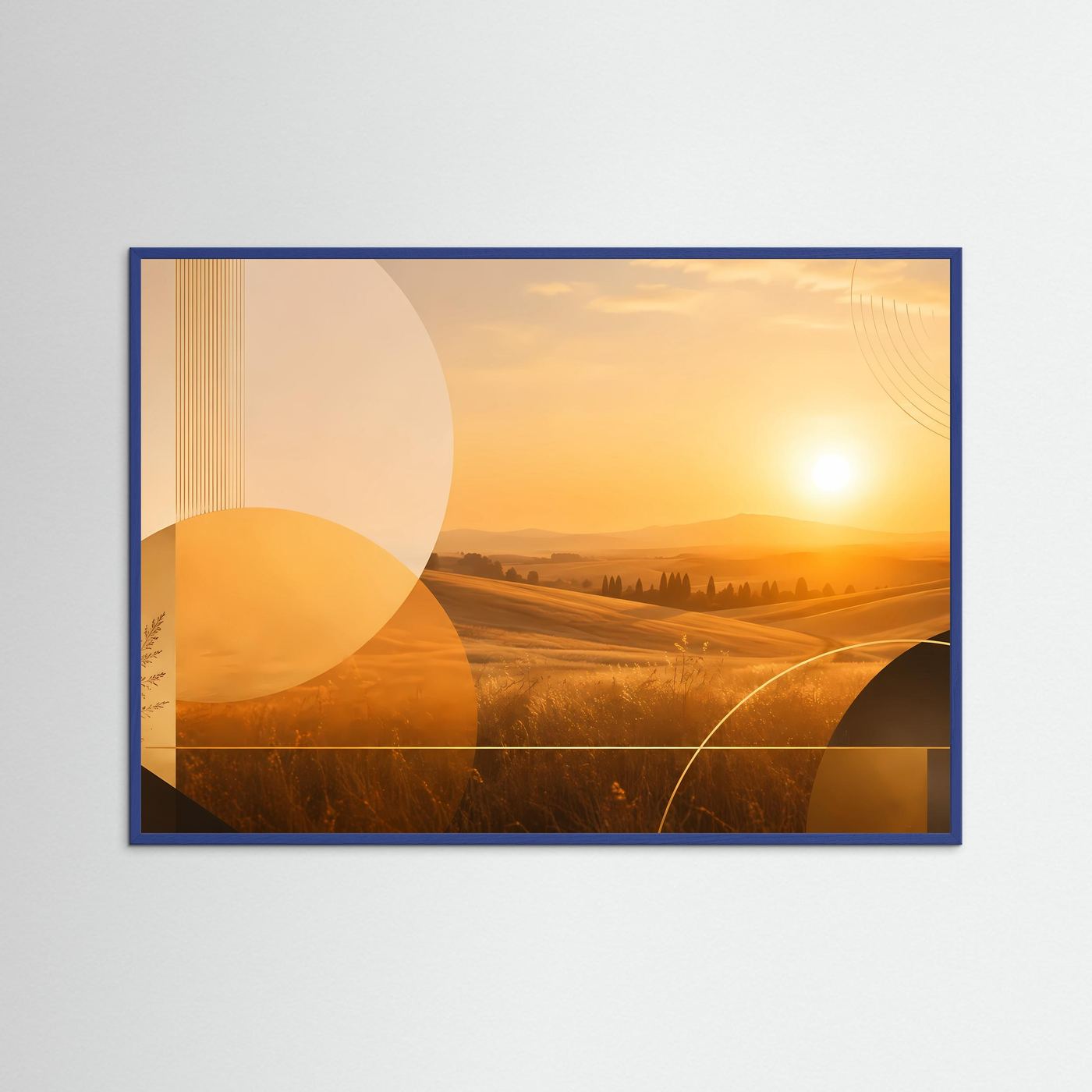 Poster Querformat mit abstrakter Landschaft in warmen Gelb- und Brauntönen, blauer Rahmen