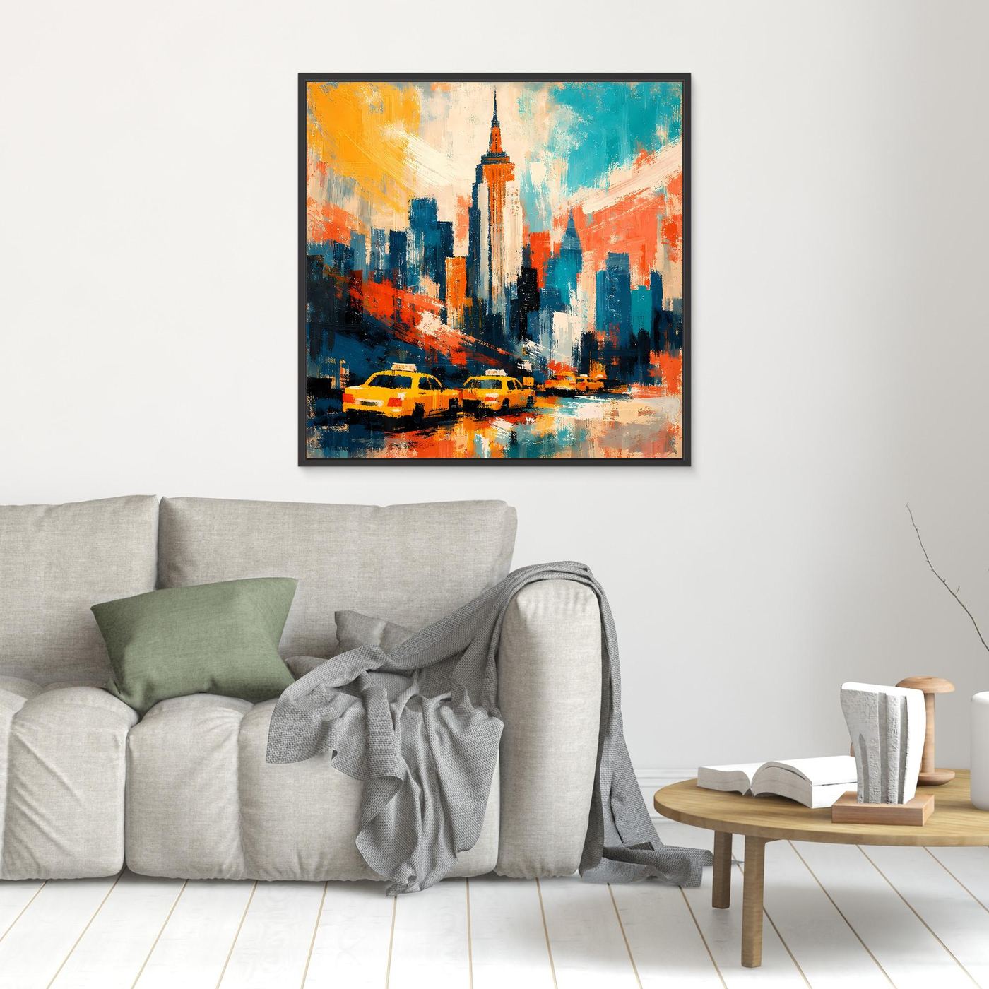 Abstraktes Leinwand-Wandbild mit Skyline und gelben Taxis, schwarz gerahmt