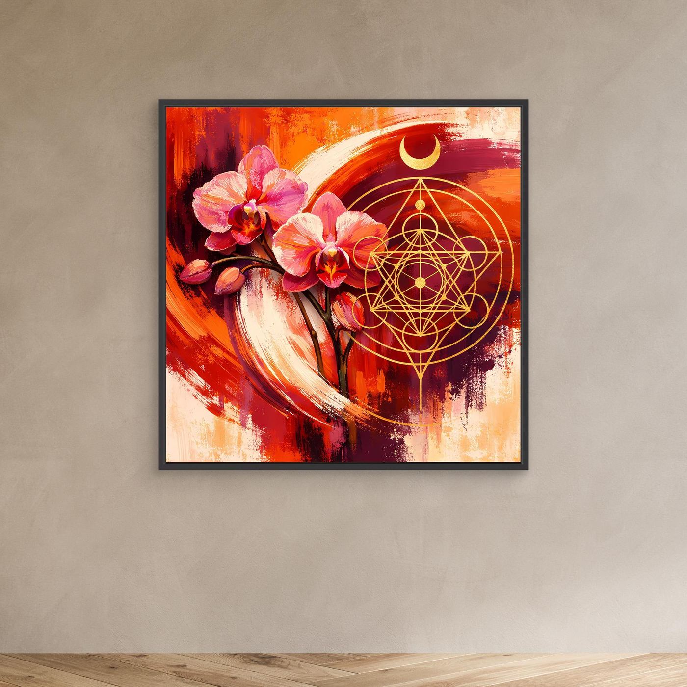 Abstraktes Wandbild mit Orchideen, goldener Geometrie und Mondsymbol, mit schwarzem Rahmen