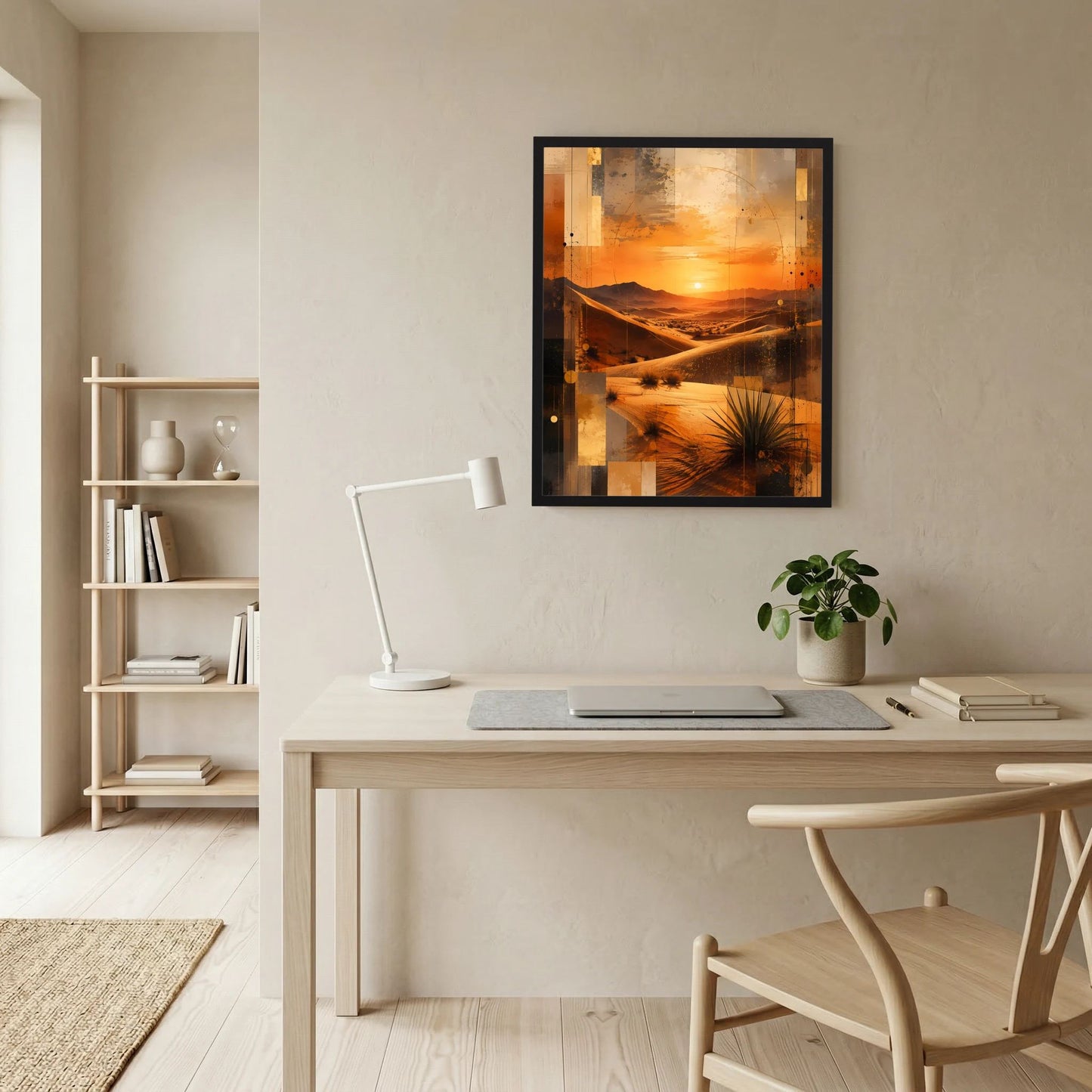 Gerahmtes Hochformat-Poster mit abstrakter Wüstenlandschaft, Sonnenuntergang in Orange und Schwarz