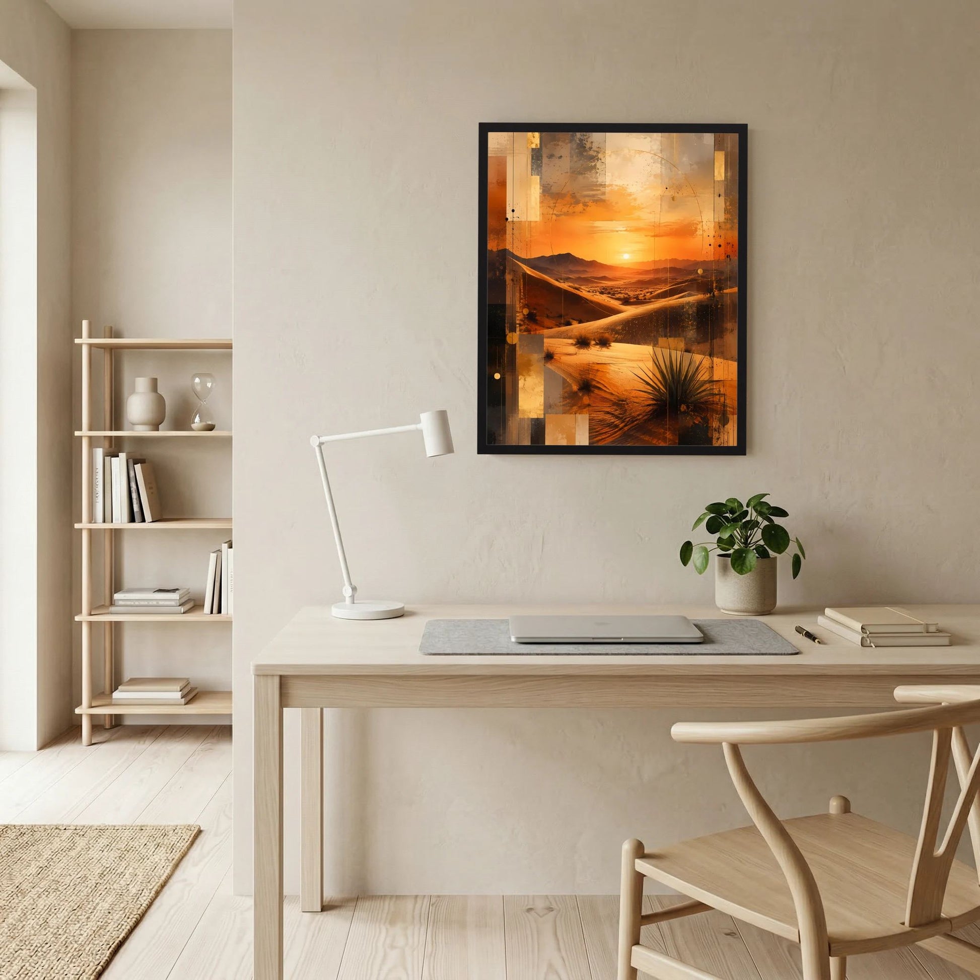 Gerahmtes Hochformat-Poster mit abstrakter Wüstenlandschaft, Sonnenuntergang in Orange und Schwarz