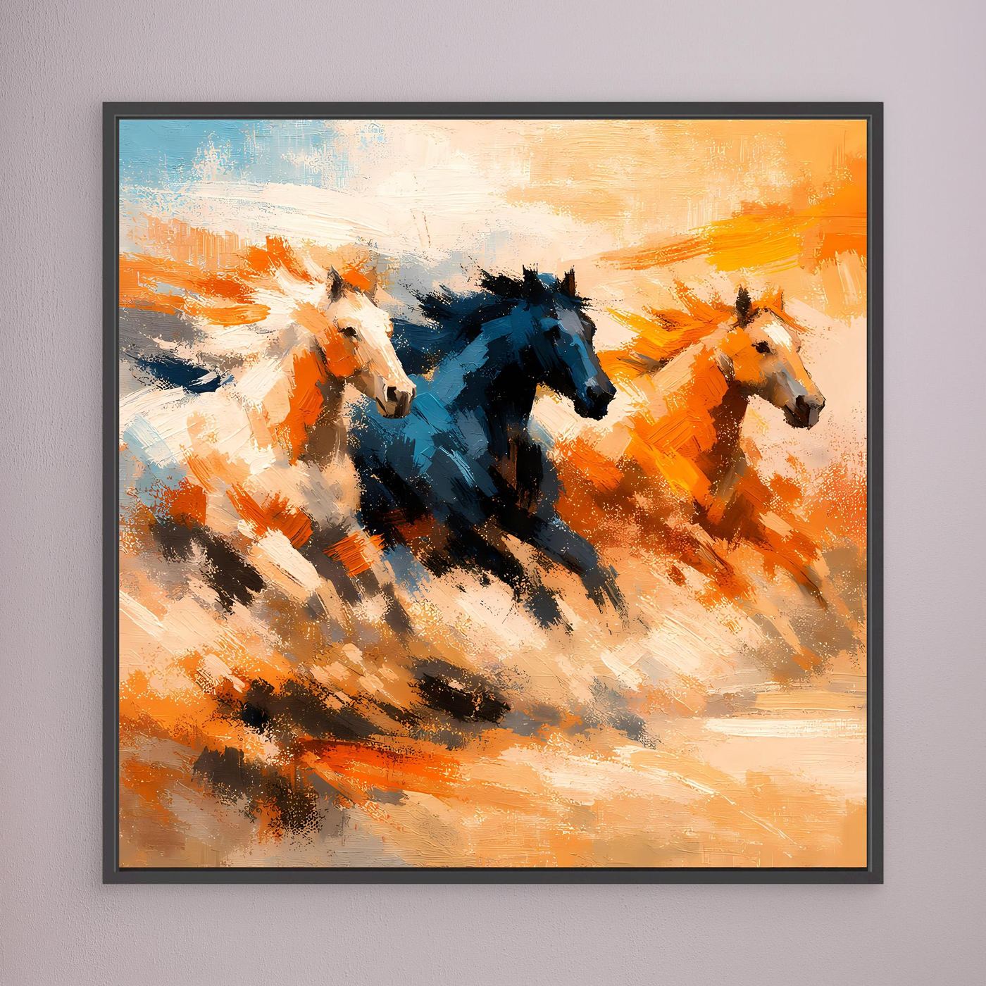 Premium Leinwand Wilde Pferde Galopp | Abstraktes Wandbild Dynamische Ölgemälde Optik