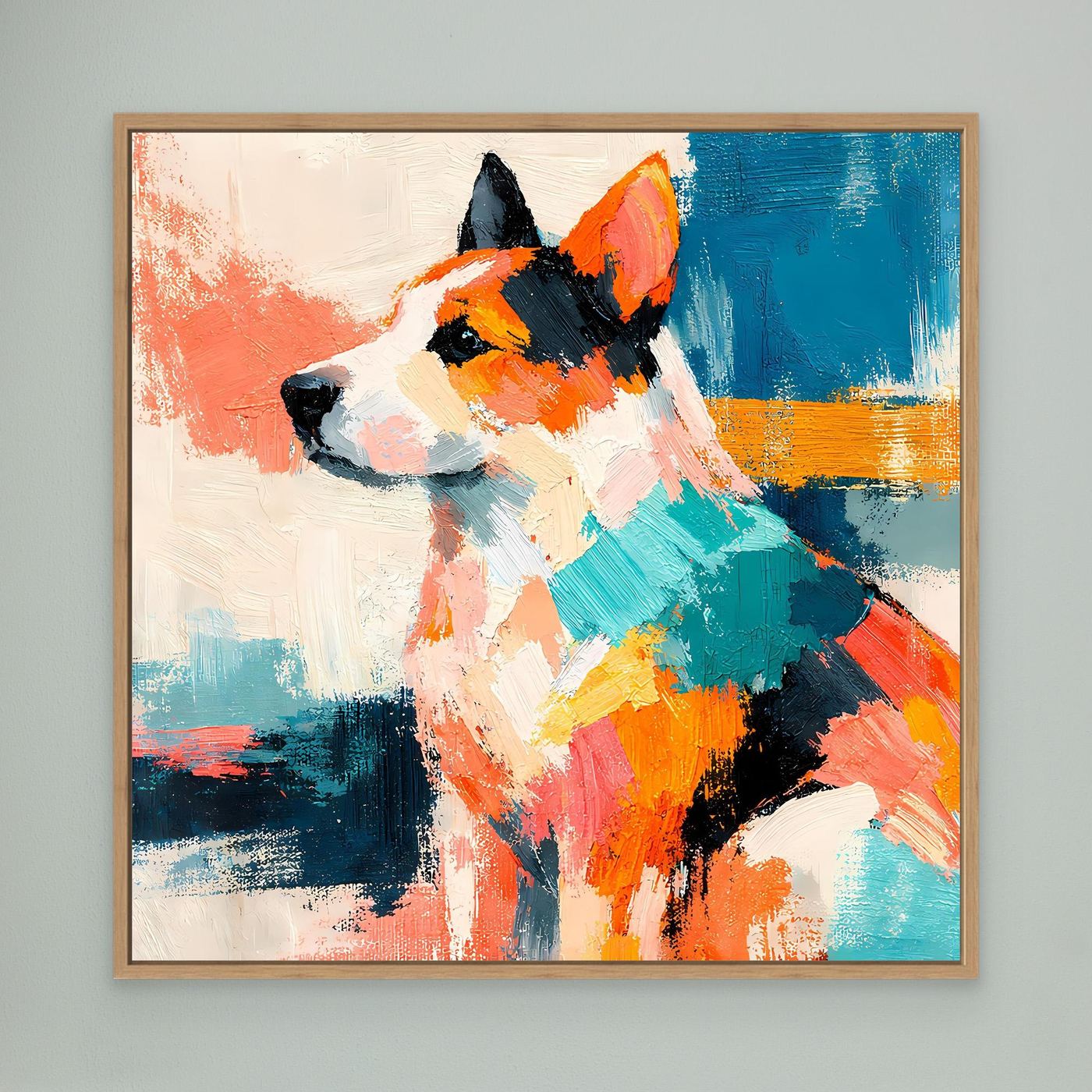 Leinwand-Wandbild mit abstraktem Hund im Pop-Art-Stil, hellbrauner Holzrahmen