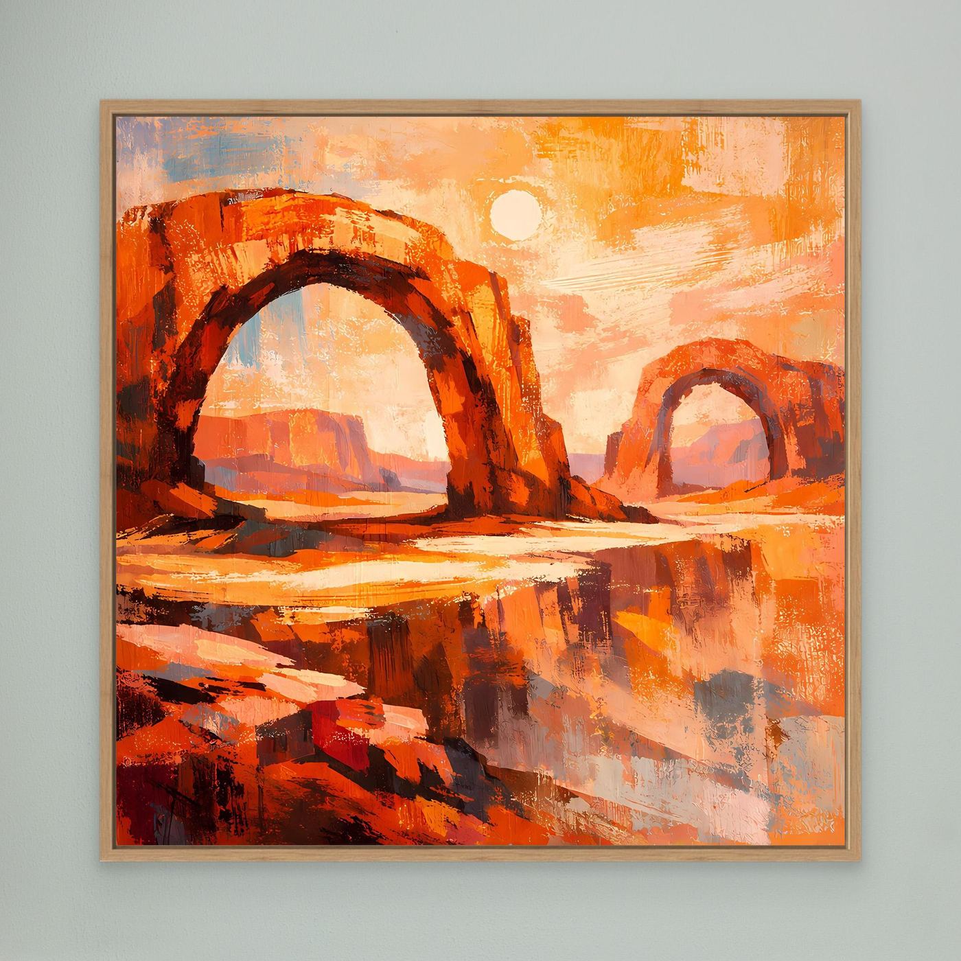 Abstraktes Leinwandbild mit Canyonbögen in Orange und Sonne, brauner Rahmen (Eiche)