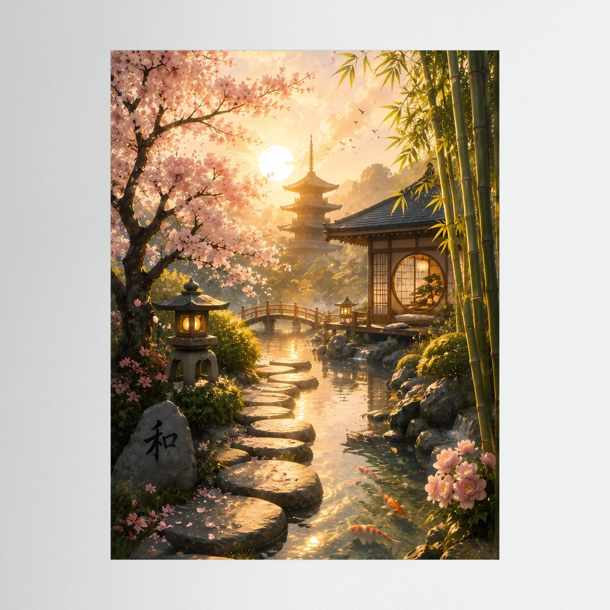 Hochformat-Poster mit Kirschblüten, Bambus und Gartenweg zur Pagode, ohne Rahmen