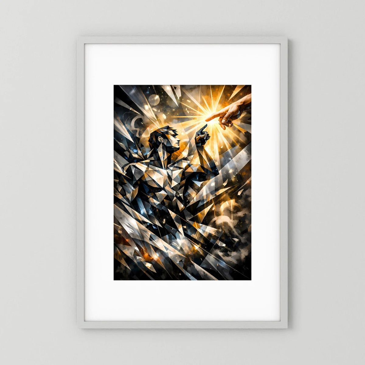 Hochformatiges Poster mit abstrakter menschlicher Silhouette und goldenen Lichtstrahlen im Rahmen