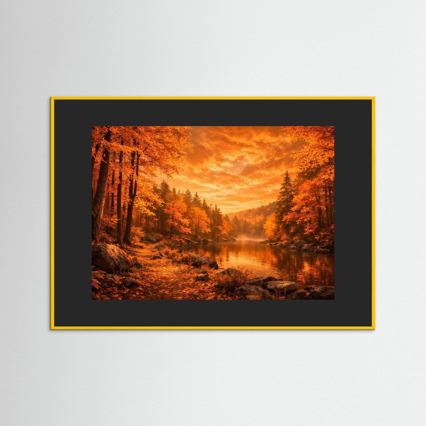 Herbstposter am Flussufer mit gelbem Holzrahmen und schwarzem Passepartout