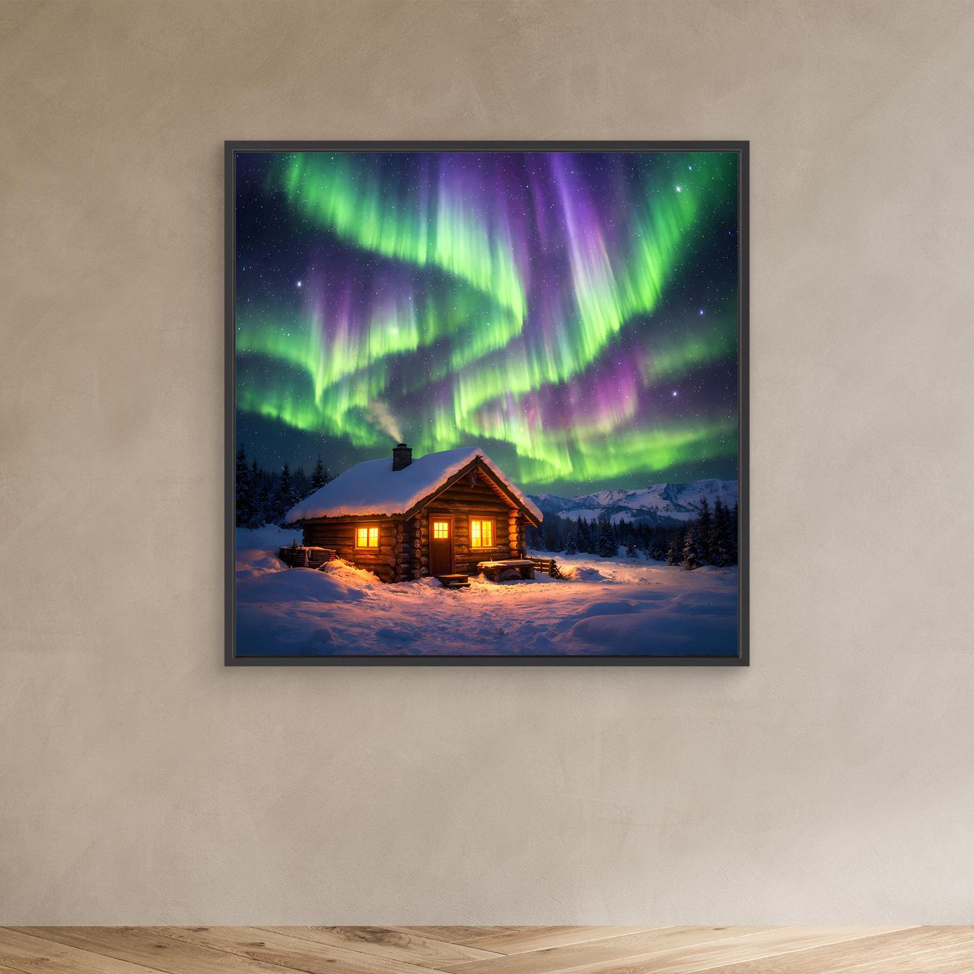 Leinwandbild mit Polarlichtern und Hütte im Winter, schwarzer Rahmen, warm beleuchtete Fassade