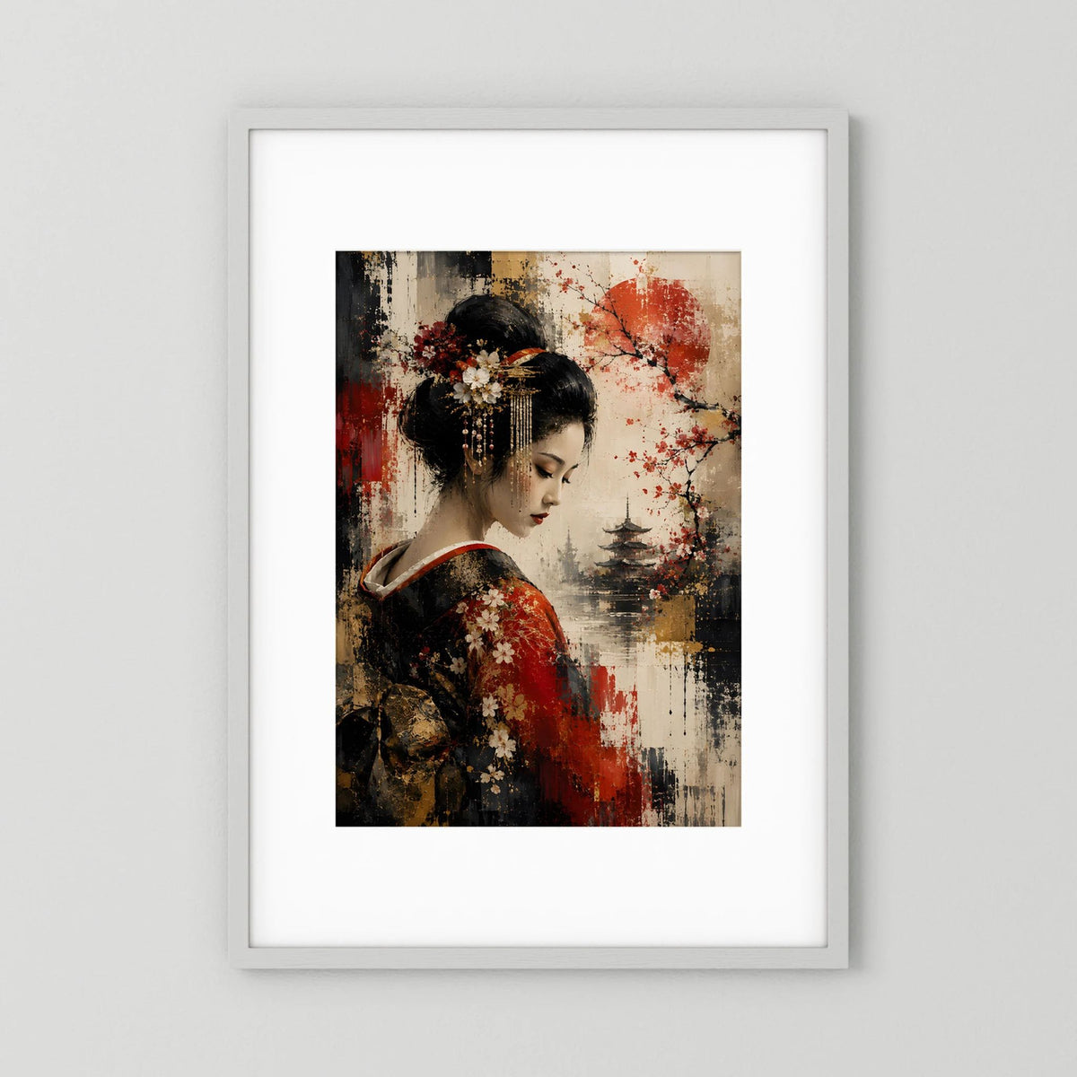 Kunstposter im Hochformat mit Geisha-Profil in Rot, Schwarz und Gold