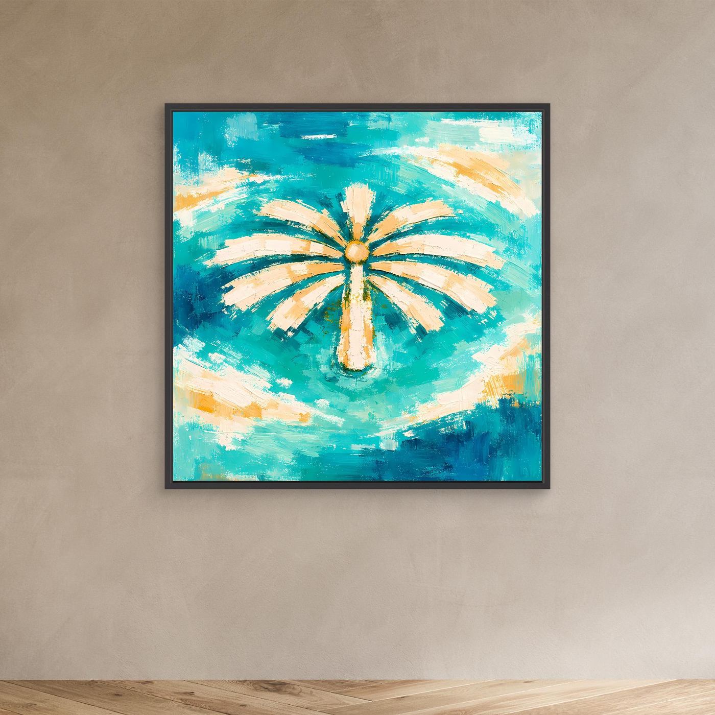 Leinwand Abstrakte Palme im Meer | Modernes Dubai Palmeninsel Wandbild Türkis