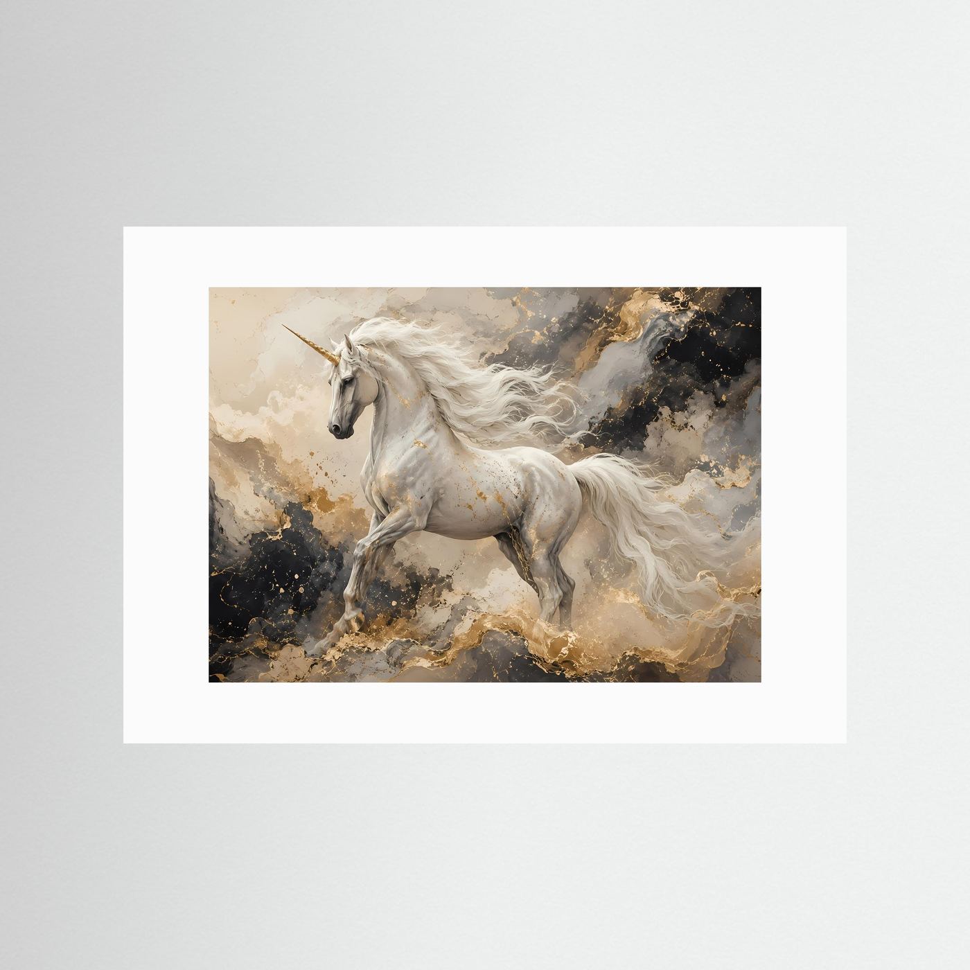 Einhorn Wandbild Weiß Gold | Mystische Fantasy Wandkunst | Elegantes Abstraktes Leinwandbild | Magisches Unicorn Poster | Premium Fine Art