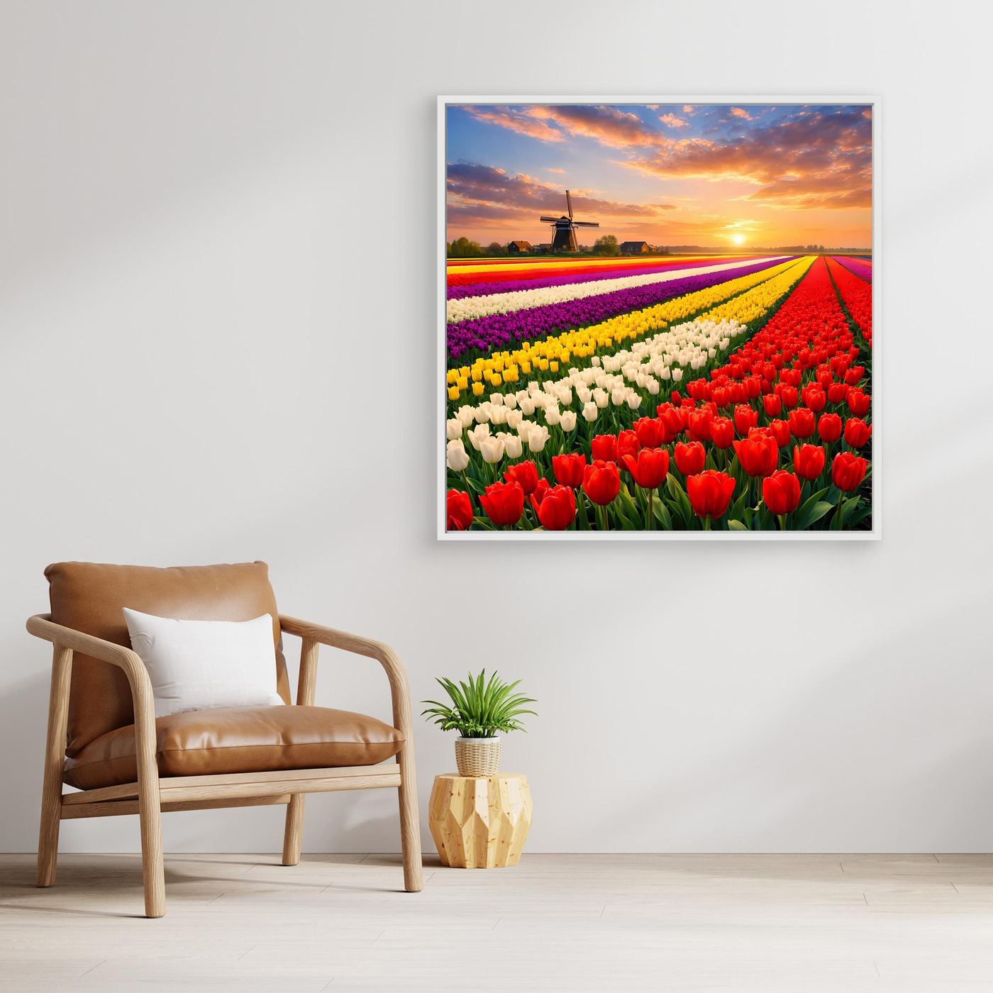Leinwandbild Tulpenfeld mit Sonnenuntergang, Rahmen im Holzton, rote Tulpen im Vordergrund