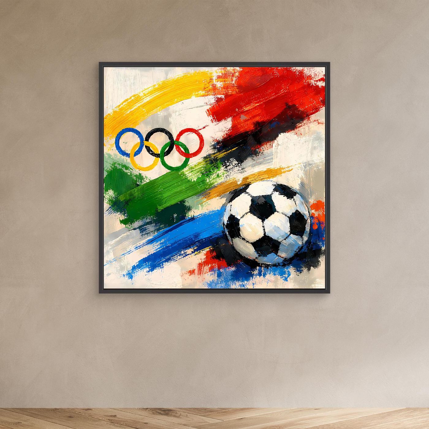 Leinwandbild mit abstraktem Fußball und olympischen Ringen im schwarzen Rahmen