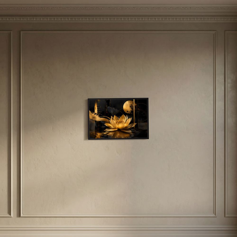 Wandposter im Querformat mit goldener Lotusblüte auf schwarzem Grund, schwarzer Rahmen