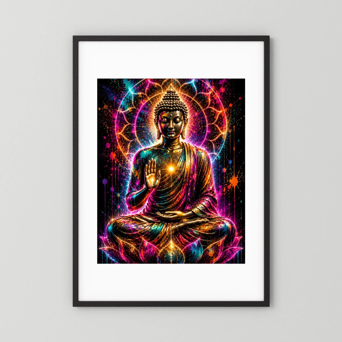 Hochformat-Poster mit Buddha-Motiv, leuchtende Farbverläufe, schwarzer Rahmen und weißes Passepartout