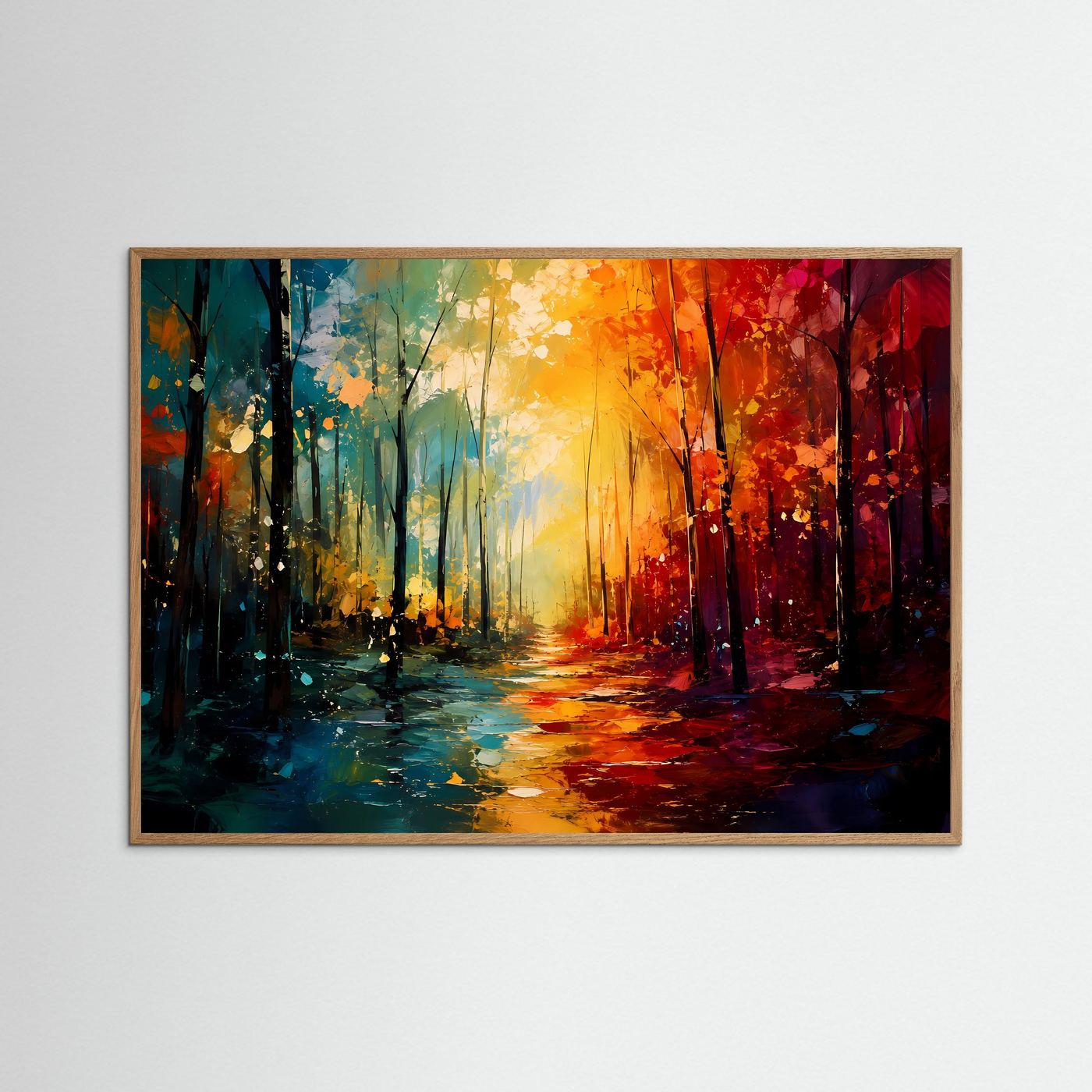Abstrakter Wald in leuchtenden Farben | Moderne Naturkunst in Petrol, Orange & Rot