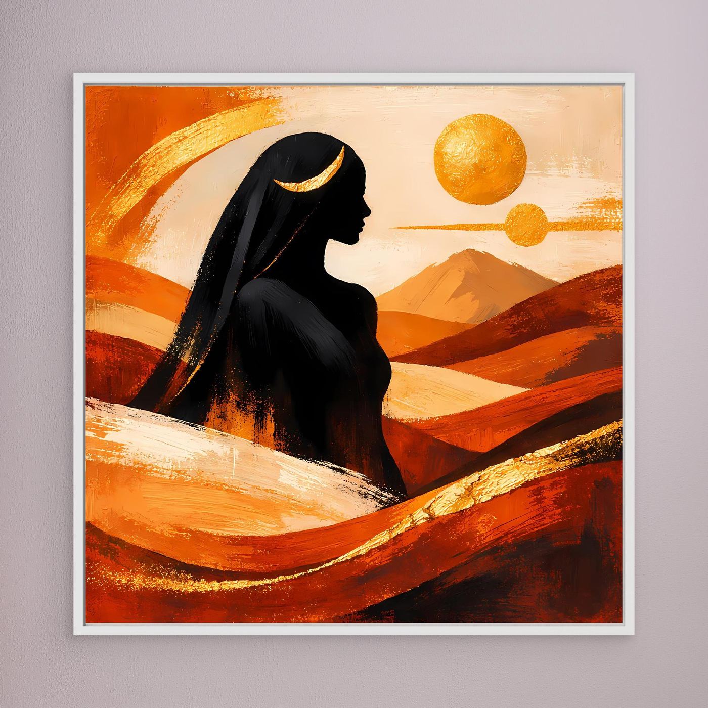 Leinwandbild: Wüstenkönigin mit schwarzer Silhouette, goldene Sonne, Terrakotta, weißer Rahmen