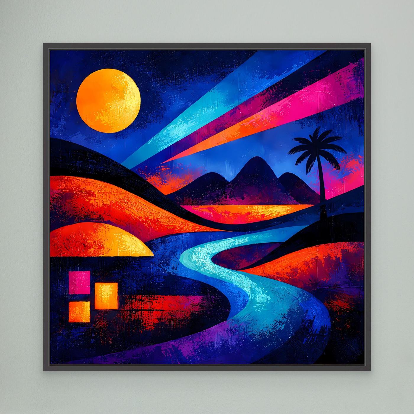 Quadratisches Leinwand-Wandbild mit bunter Wüstenlandschaft, Palme und Fluss bei Nacht, schwarz gerahmt.