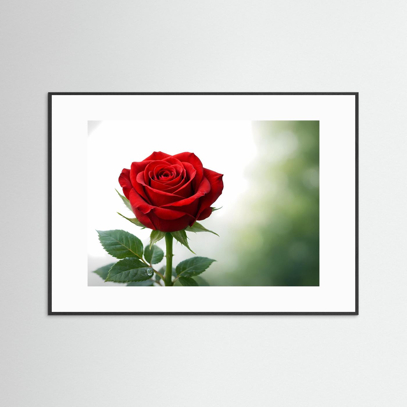 Poster mit roter Rose und grünen Blättern, Panorama-Ansicht im schwarzen Rahmen.
