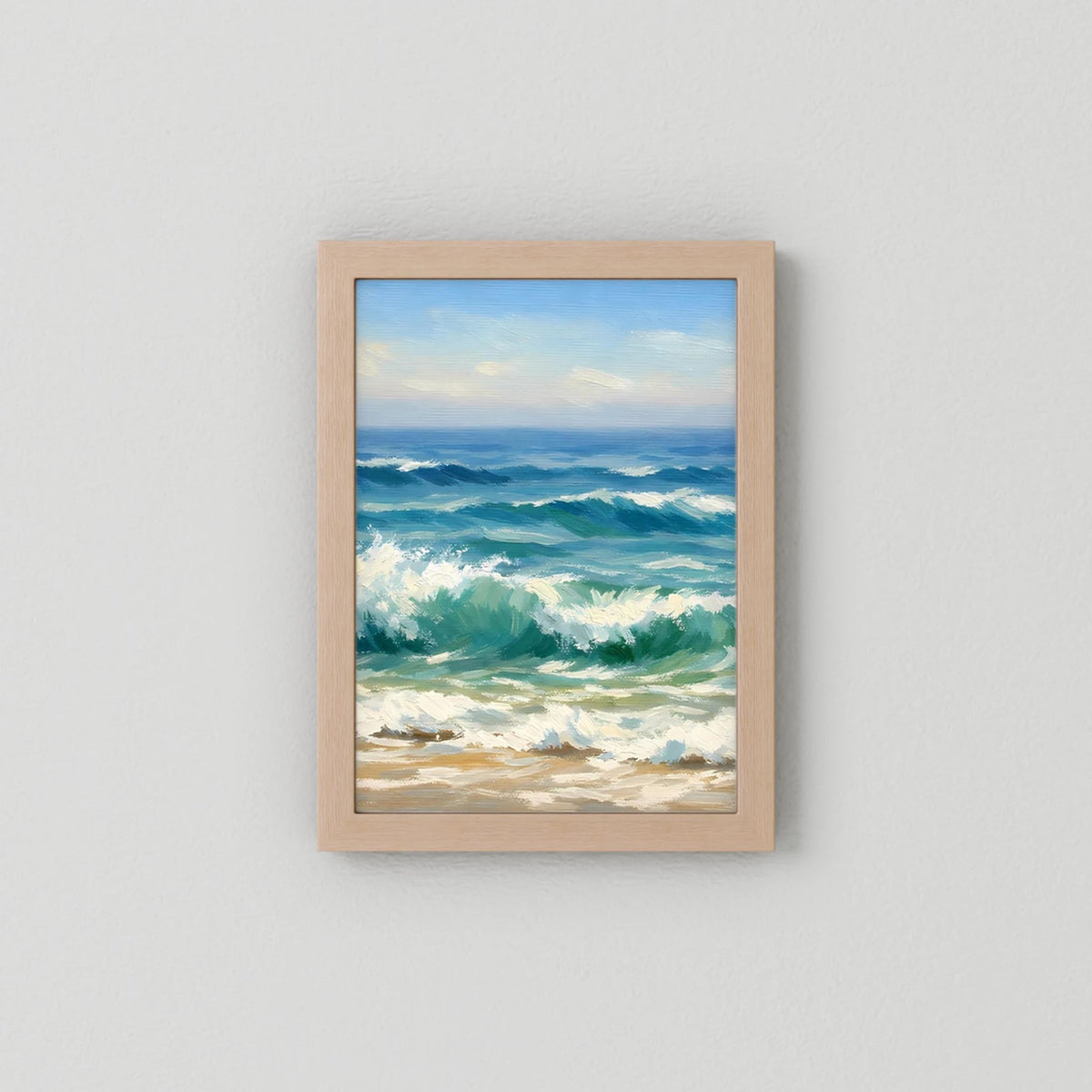 Wandbild-Poster mit Meereswellen im Hochformat, hell geholzter Rahmen