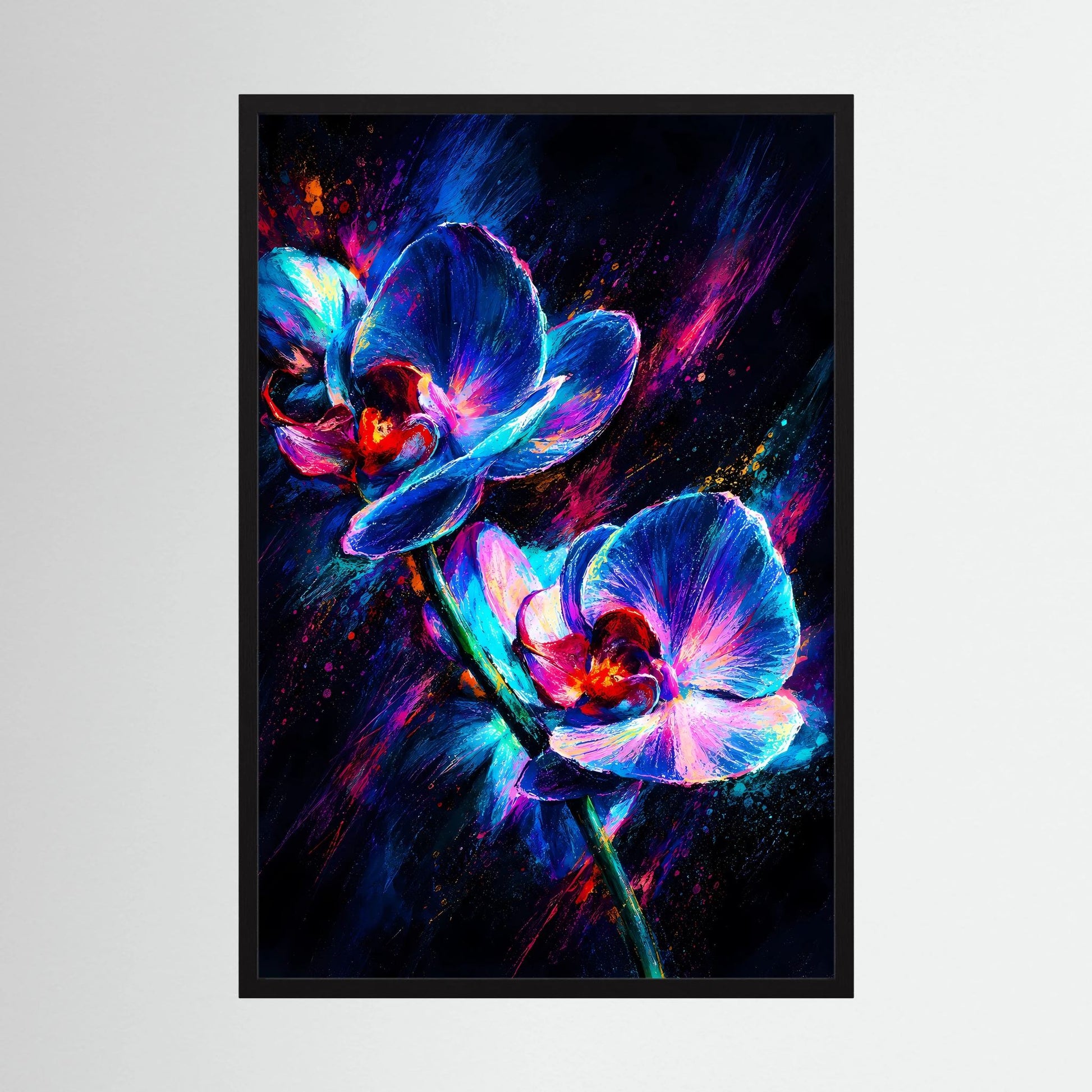 Hochformat-Poster: Neon-Orchideen in Blau & Pink, abstrakte Blumen, schwarzer Rahmen