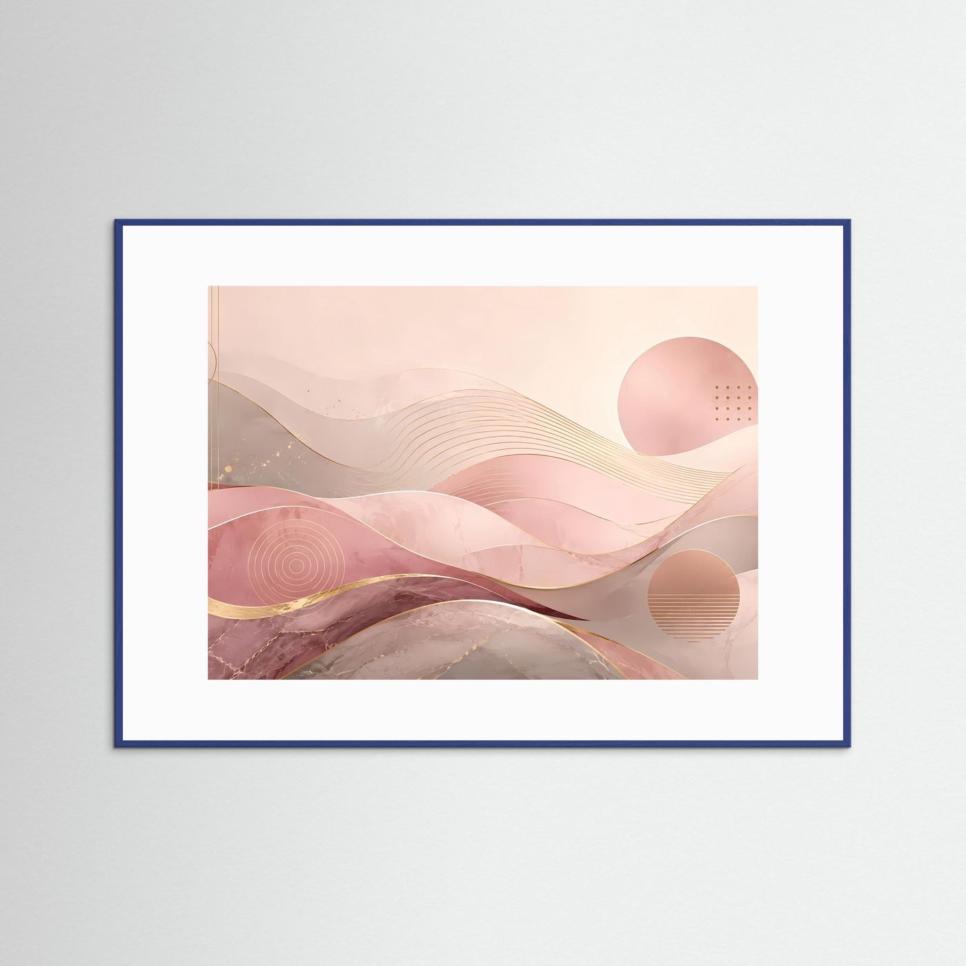 Abstraktes Wellen-Poster: rosa und goldene Formen im blauen Rahmen