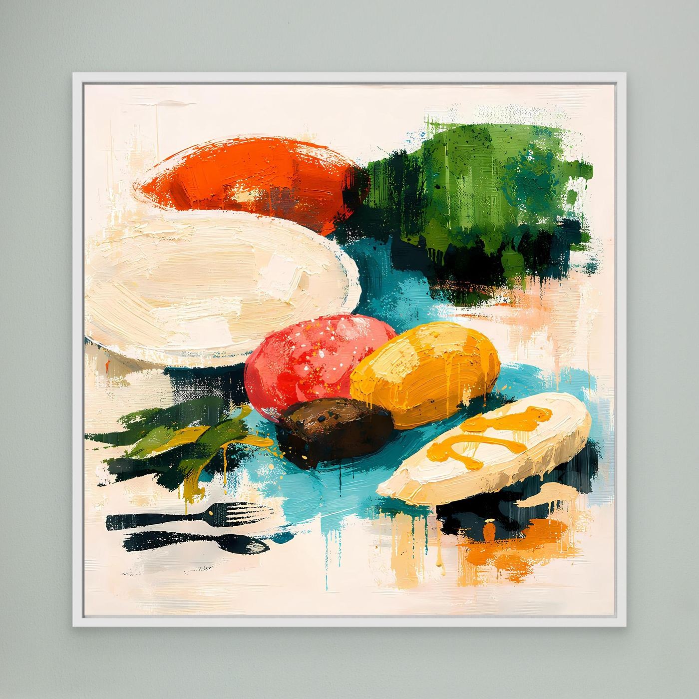 Abstraktes Wandbild, weiß gerahmtes Stillleben mit Obst und Oliven, bunte Pinselstriche.