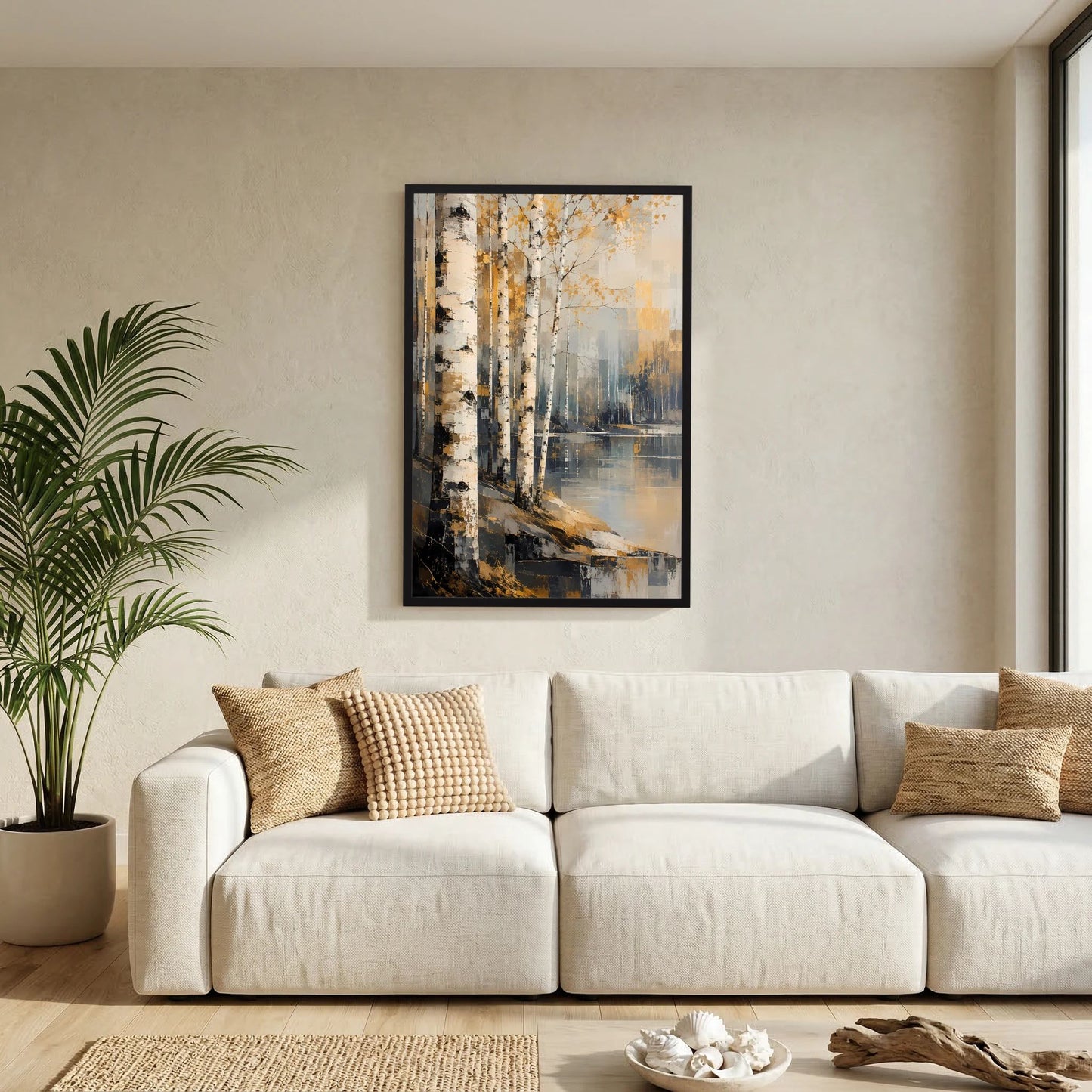 Gerahmtes Poster: abstrakter Birkenwald am Wasser in Gold- und Beigetönen, schwarz