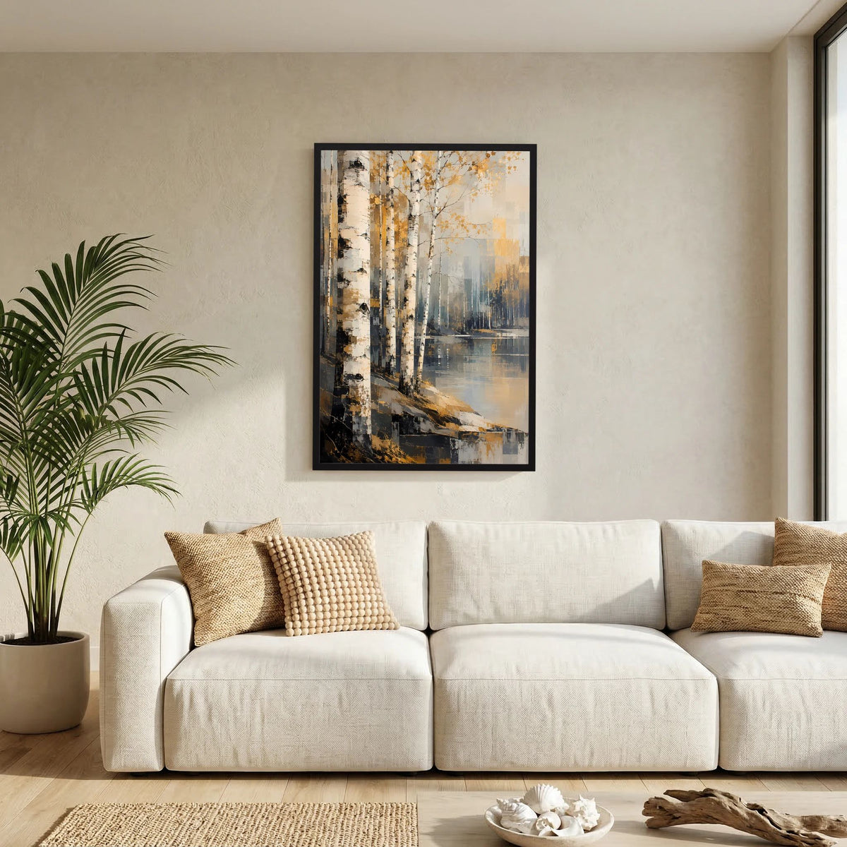 Gerahmtes Poster: abstrakter Birkenwald am Wasser in Gold- und Beigetönen, schwarz