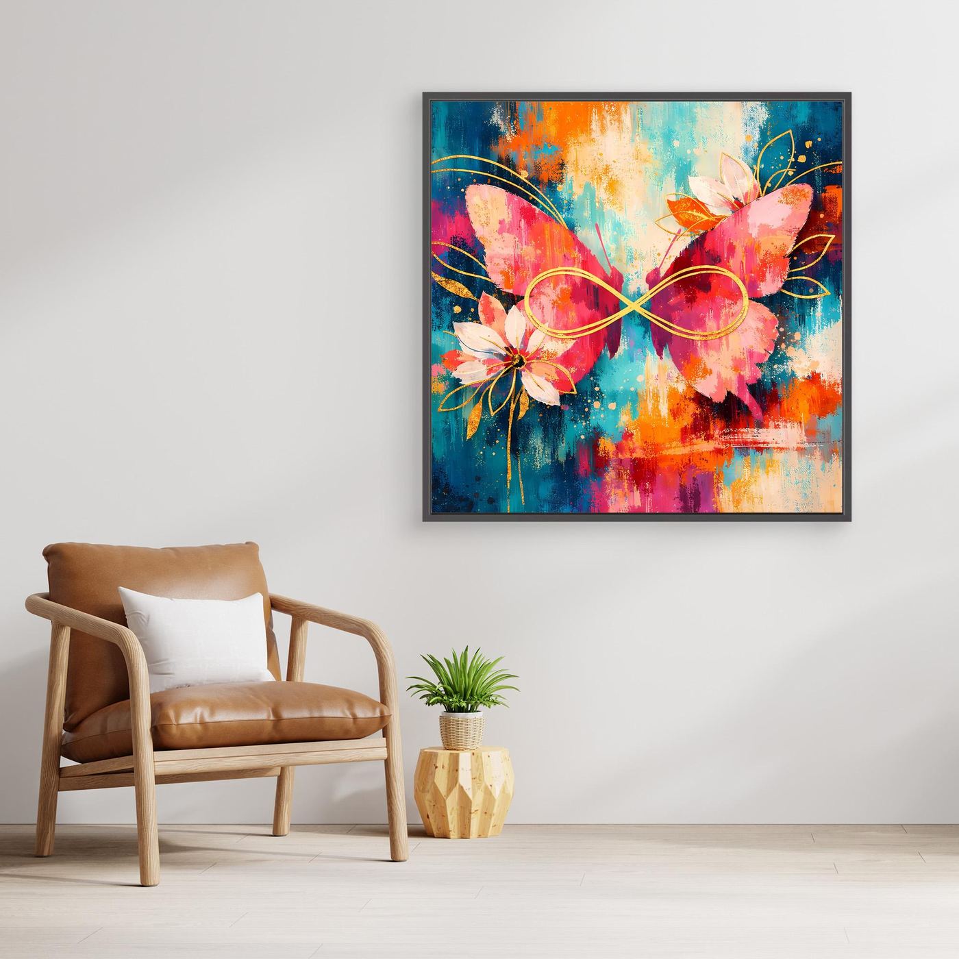 Quadratisches Leinwandbild mit Rahmen: abstrakte Schmetterlinge, Unendlichkeitsschleife, Blüten