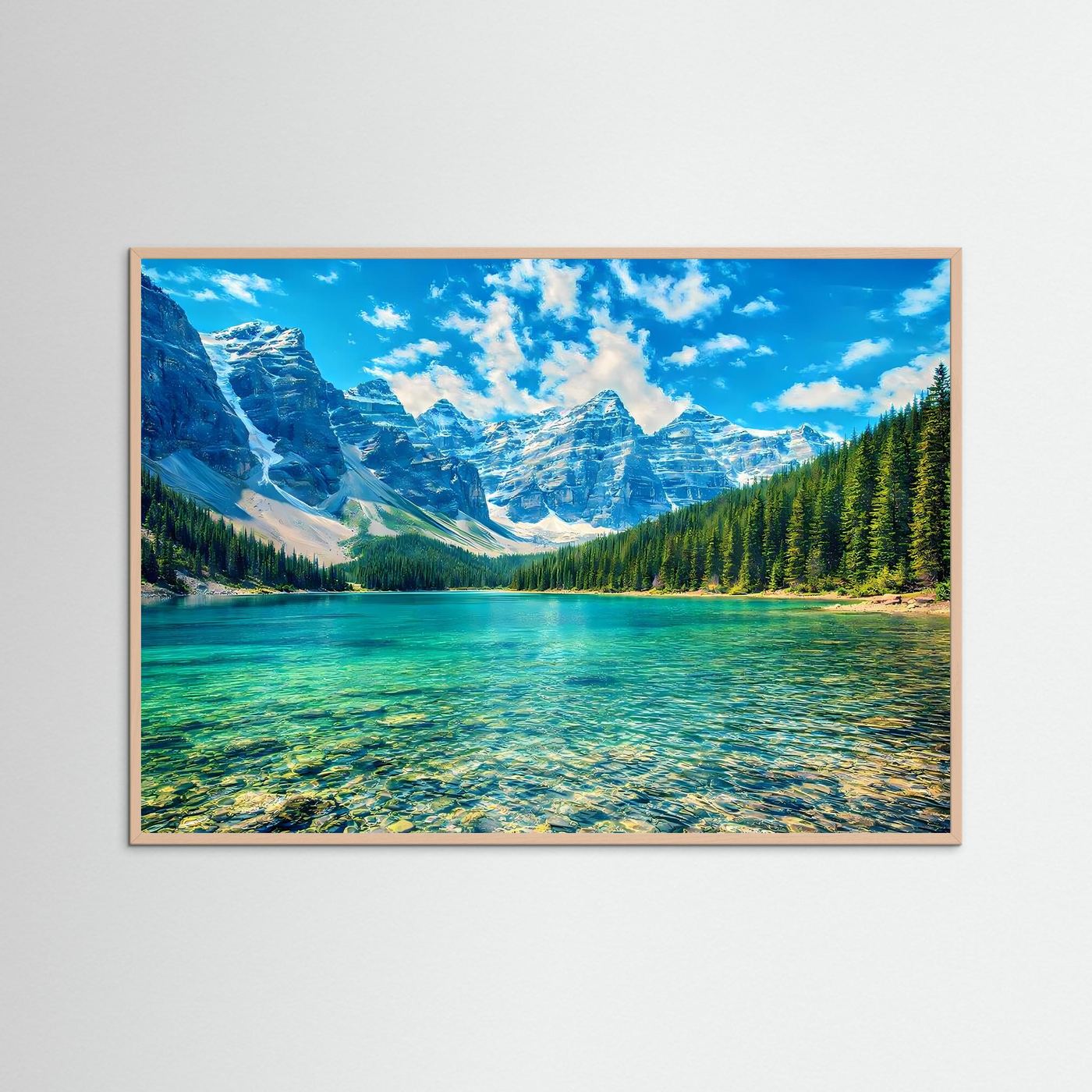 Wandposter mit türkisblauem Bergsee-Motiv, beige Holzrahmen, Querformat.
