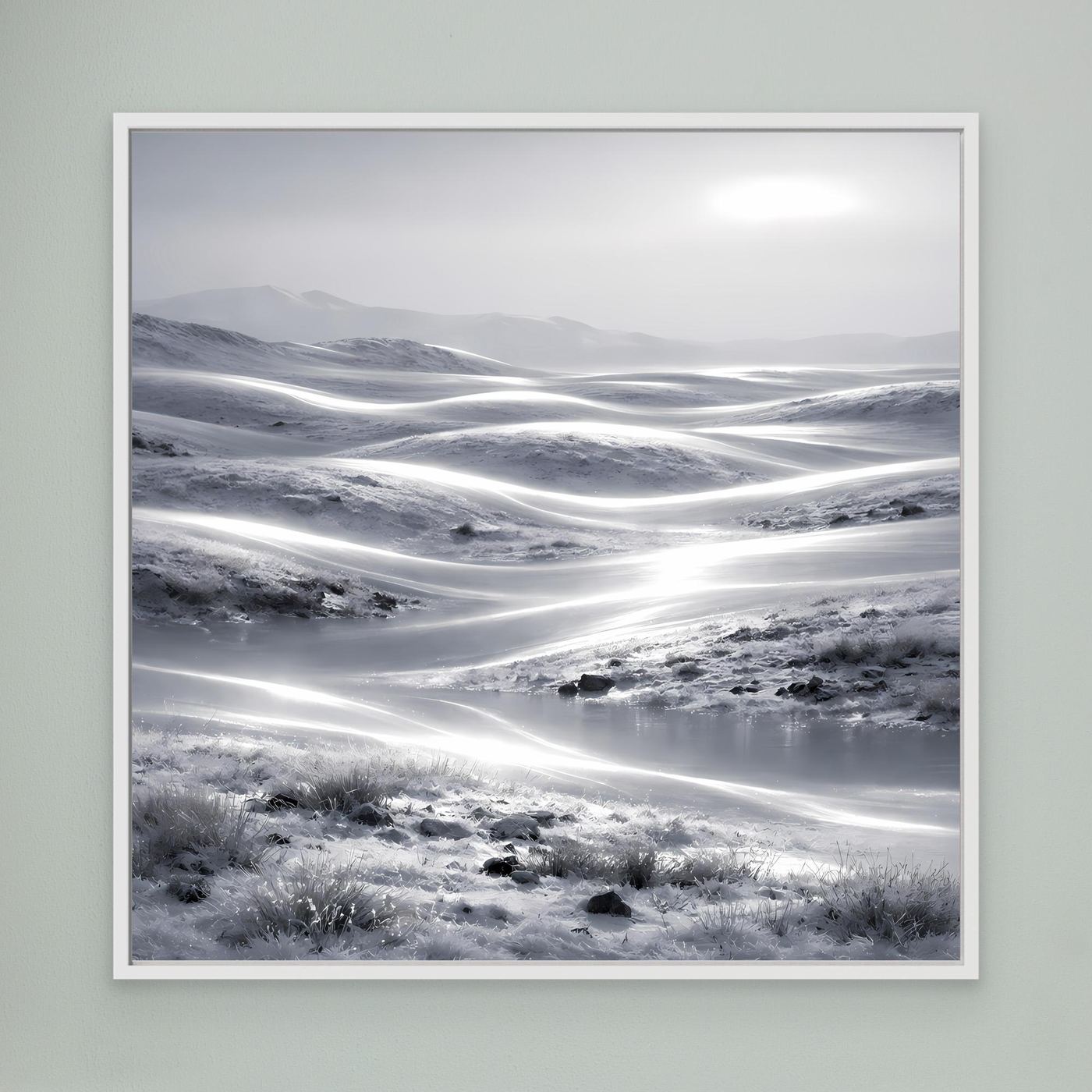 Leinwandbild Winterlandschaft mit weißem Rahmen, abstrakte schneebedeckte Hügel und Lichtstreifen