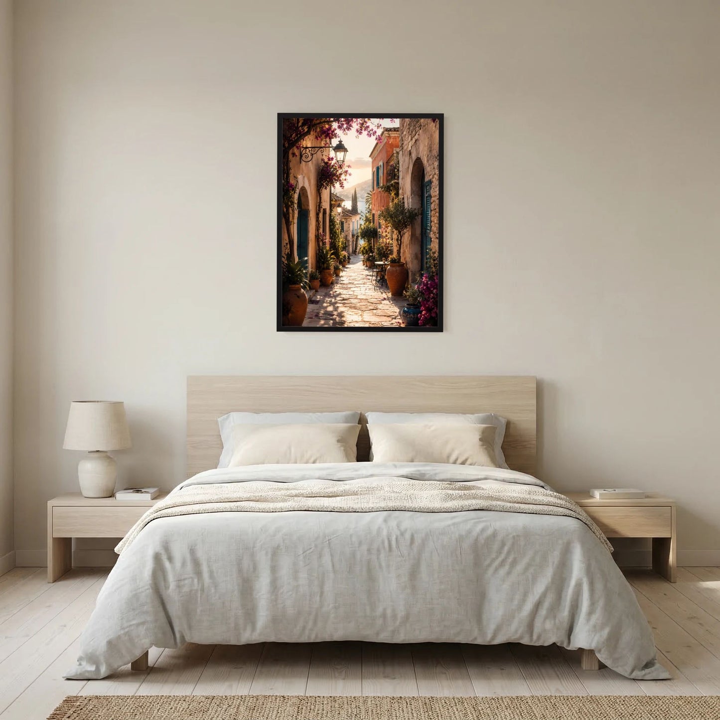 Poster im schwarzen Rahmen: mediterrane Gasse mit Blumen, Hochformat über Bett