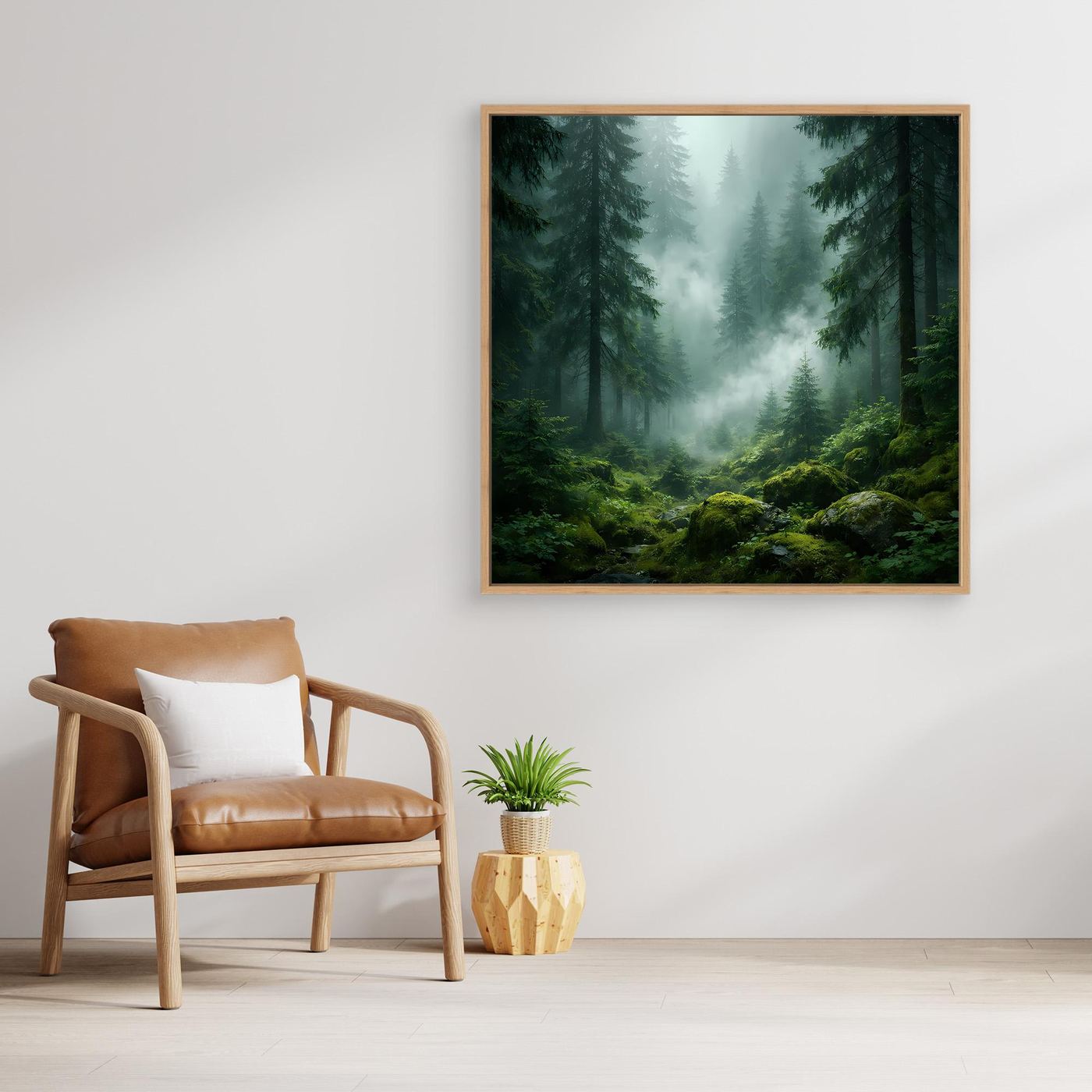Leinwandbild mit Holzrahmen, mystischer Nebelwald mit Tannen und grünen Farnen